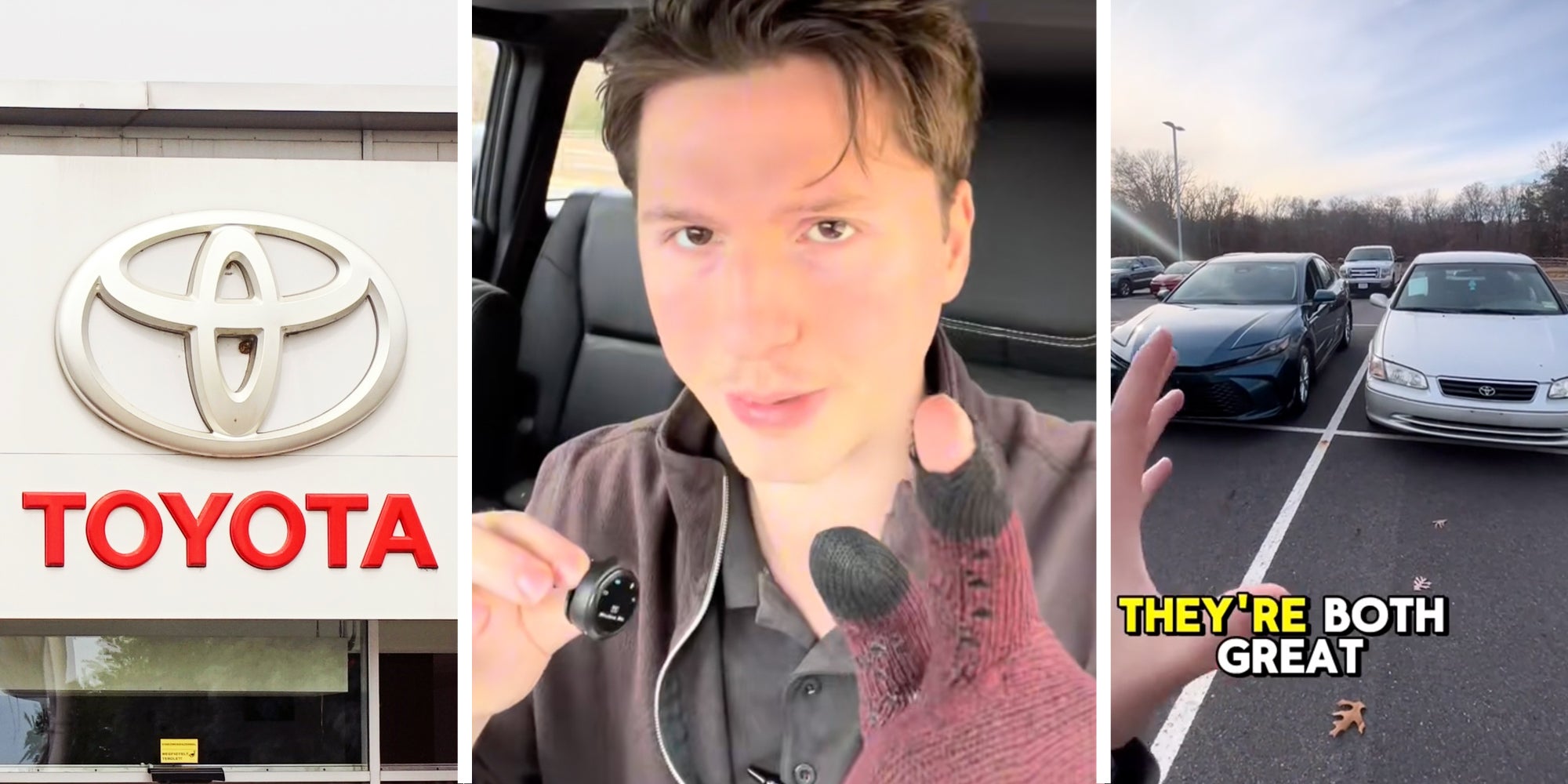 Toyota sign(l), Man talking(c), Two toyota camrys and text 'they're both great'(r)