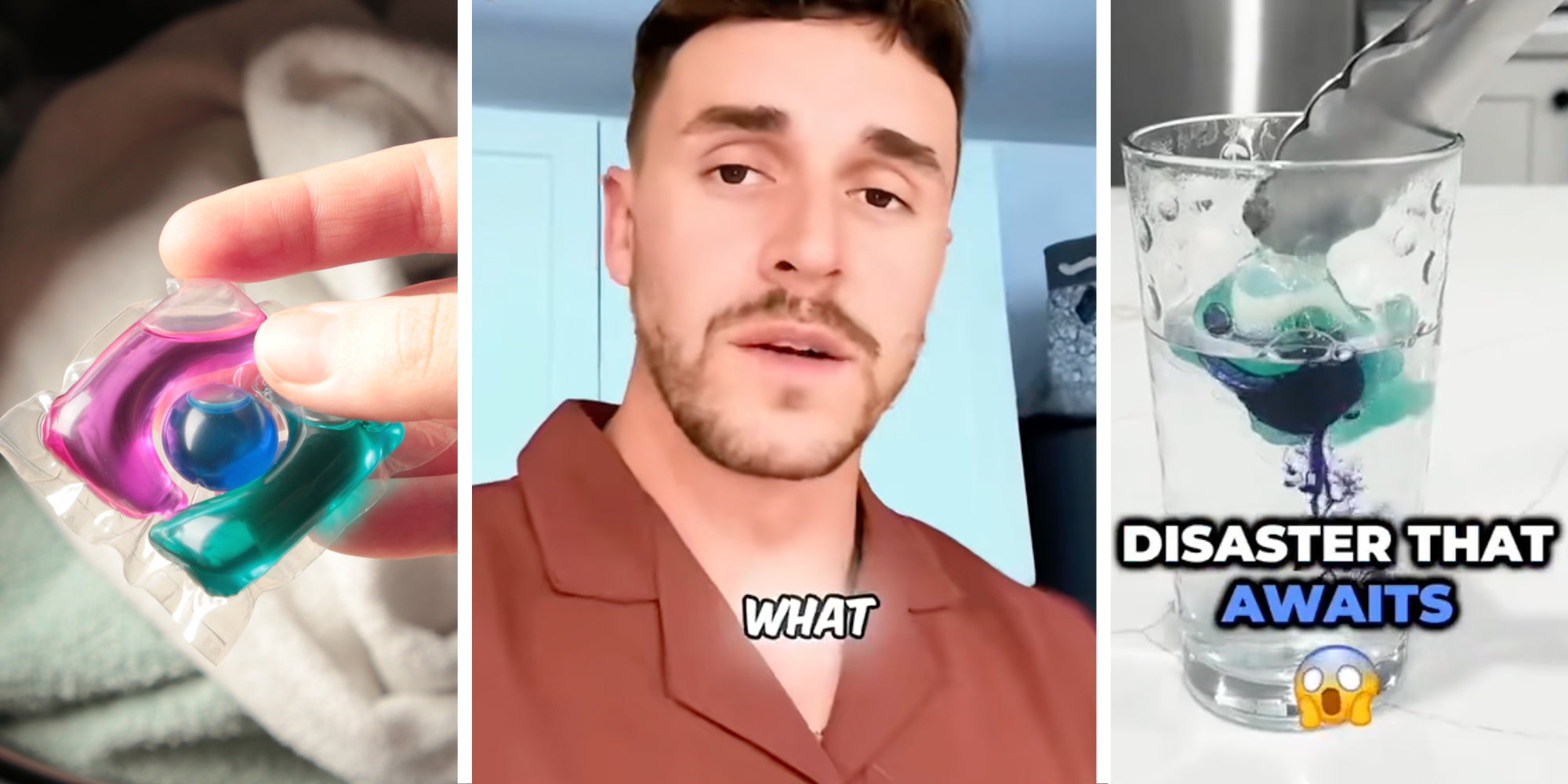 Hand holding detergent pod by laundry(l), Man talking(c), Pod in glass with water with text 'disaster that awaits'