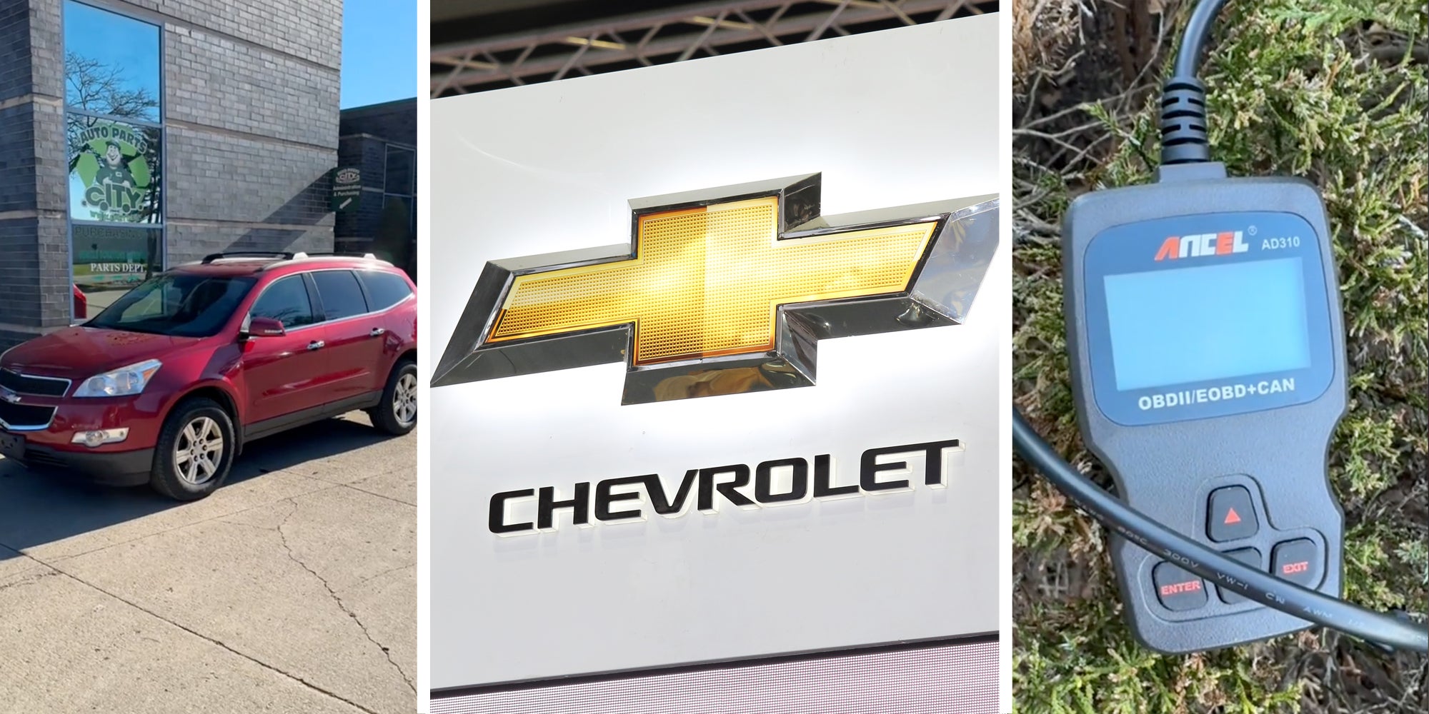 Chevrolet car in red(l), Chevrolet sign(c), Device(r)