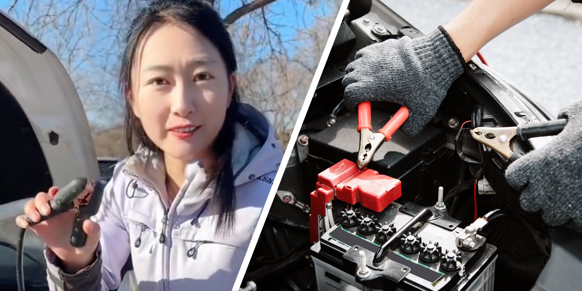 Woman talking(l), Hands charging battery(r)