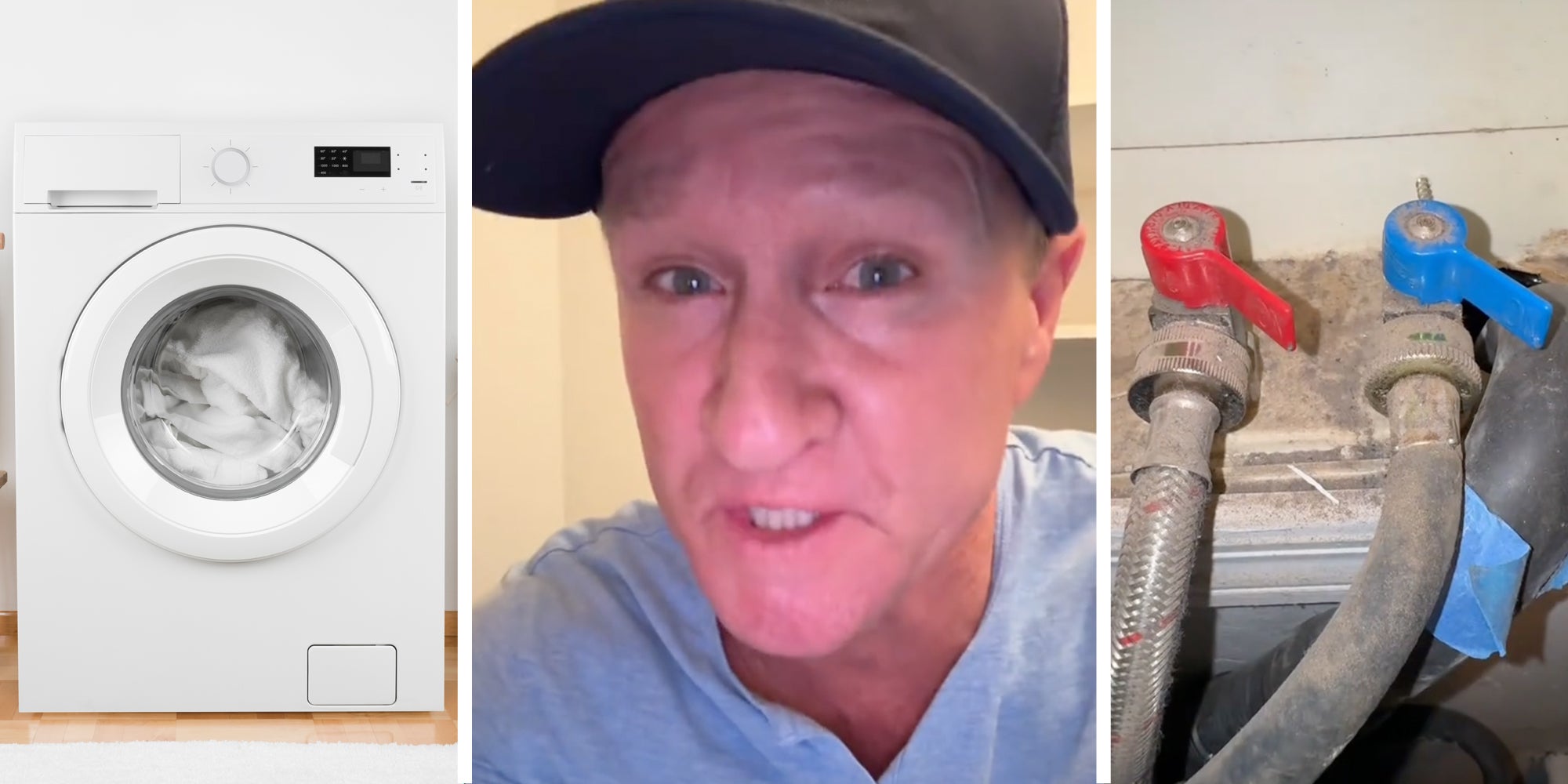 Washing Machine(l), Man talking(c), Knobs(r)