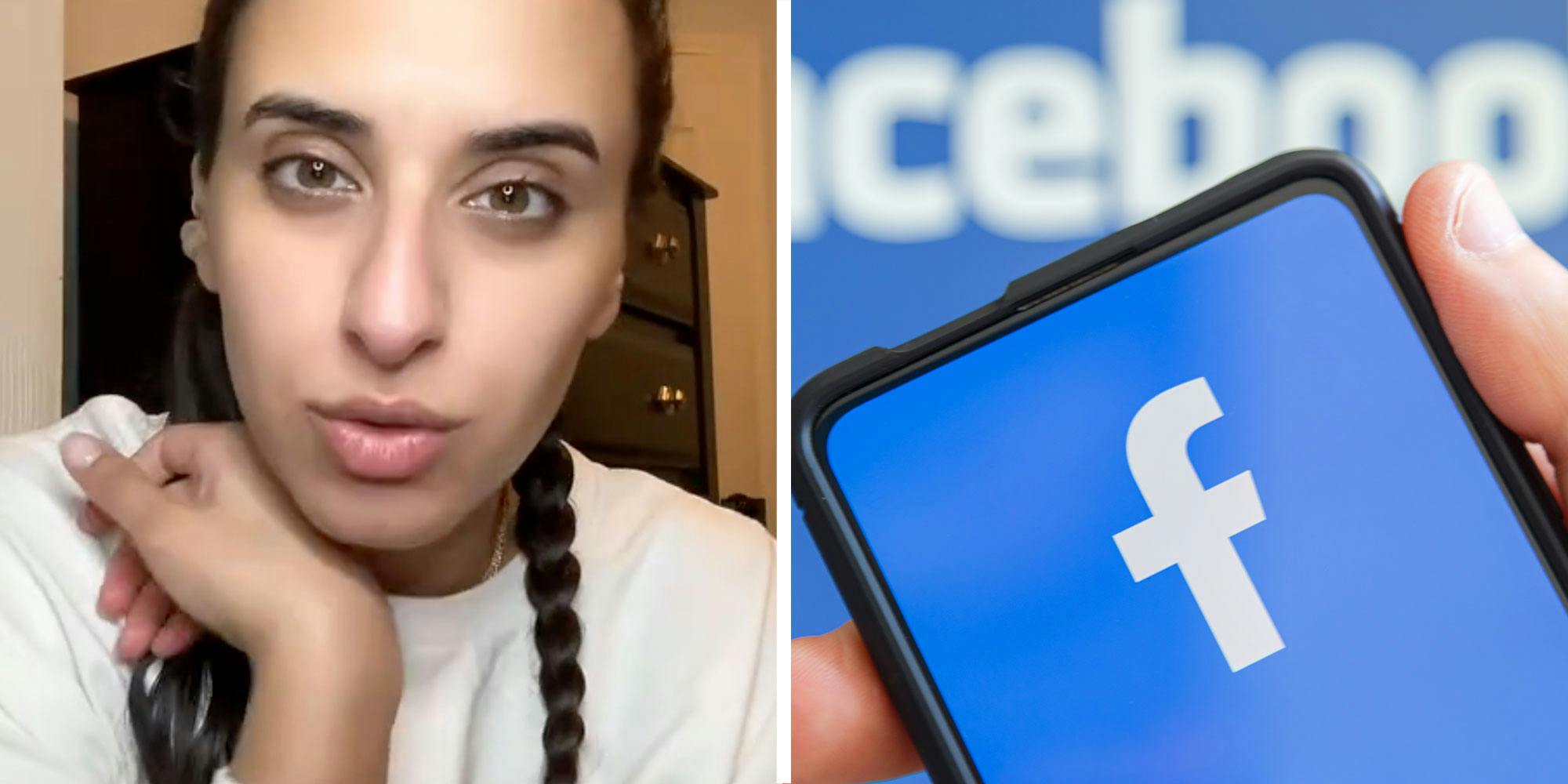 Two panel design with a woman looking and talking at the camera, next to an image of a cell phone with the facebook logo on it