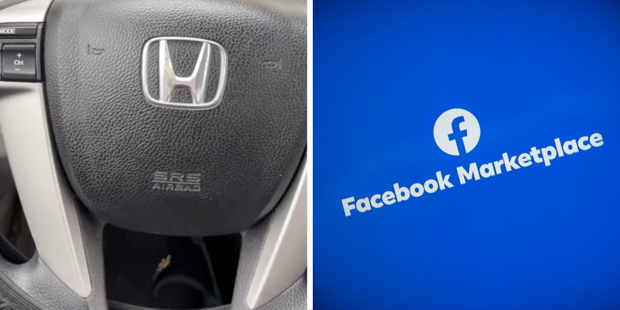 Two panel design with a shot of a Honda Steering wheel, next to an image of a Facebook Marketplace logo