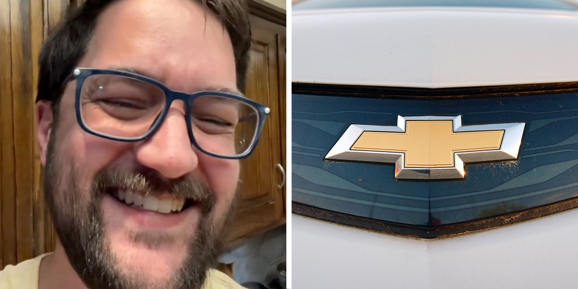 two panel design with a man looking and laughing at the camera, next to an image of a Chevy truck
