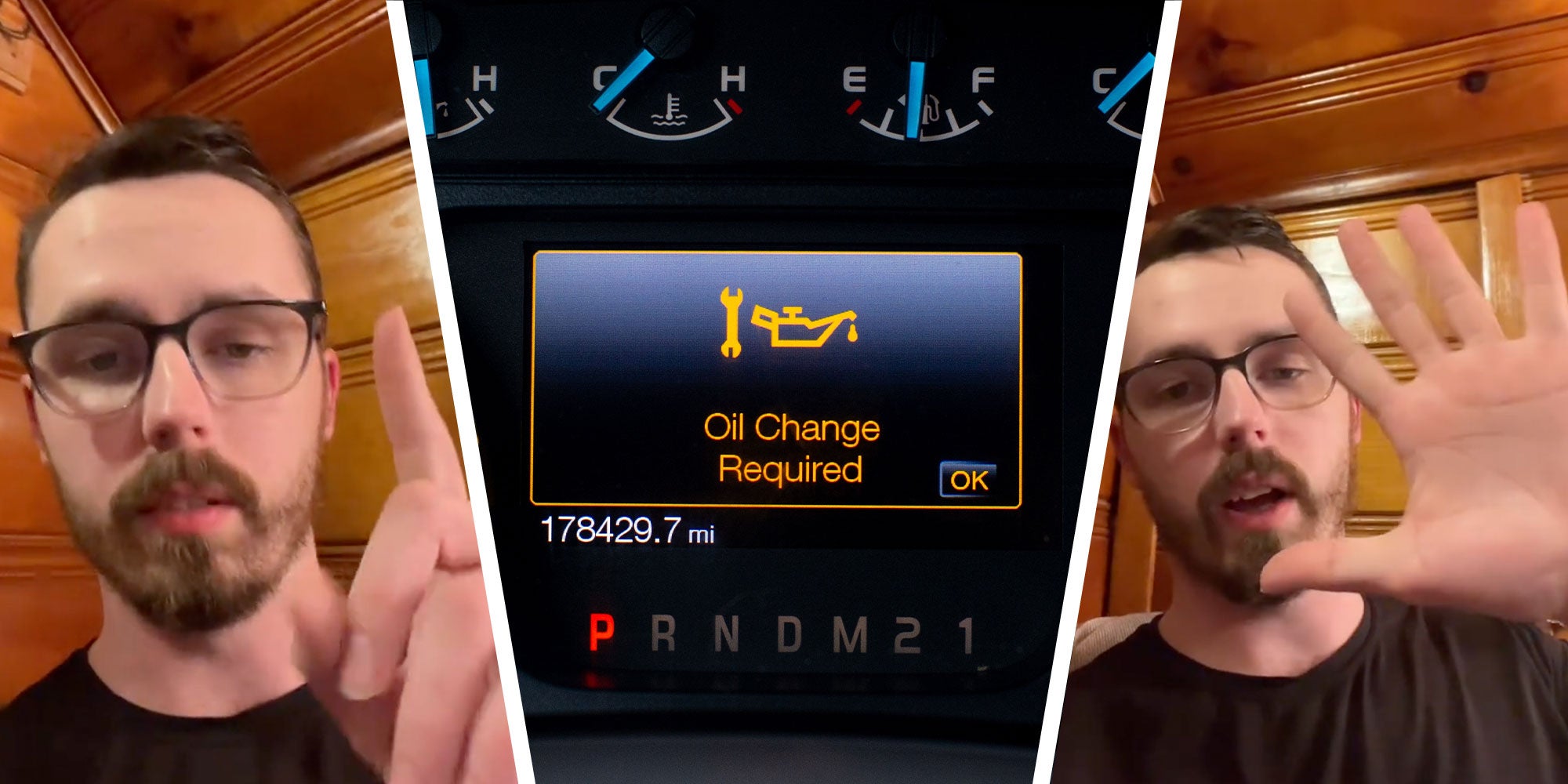 three panel design with a man looking at the camera and holding up 1 finger, next to an image of a 'Oil Change Required' message on a dashboard, next to an image of the same man with 5 fingers up