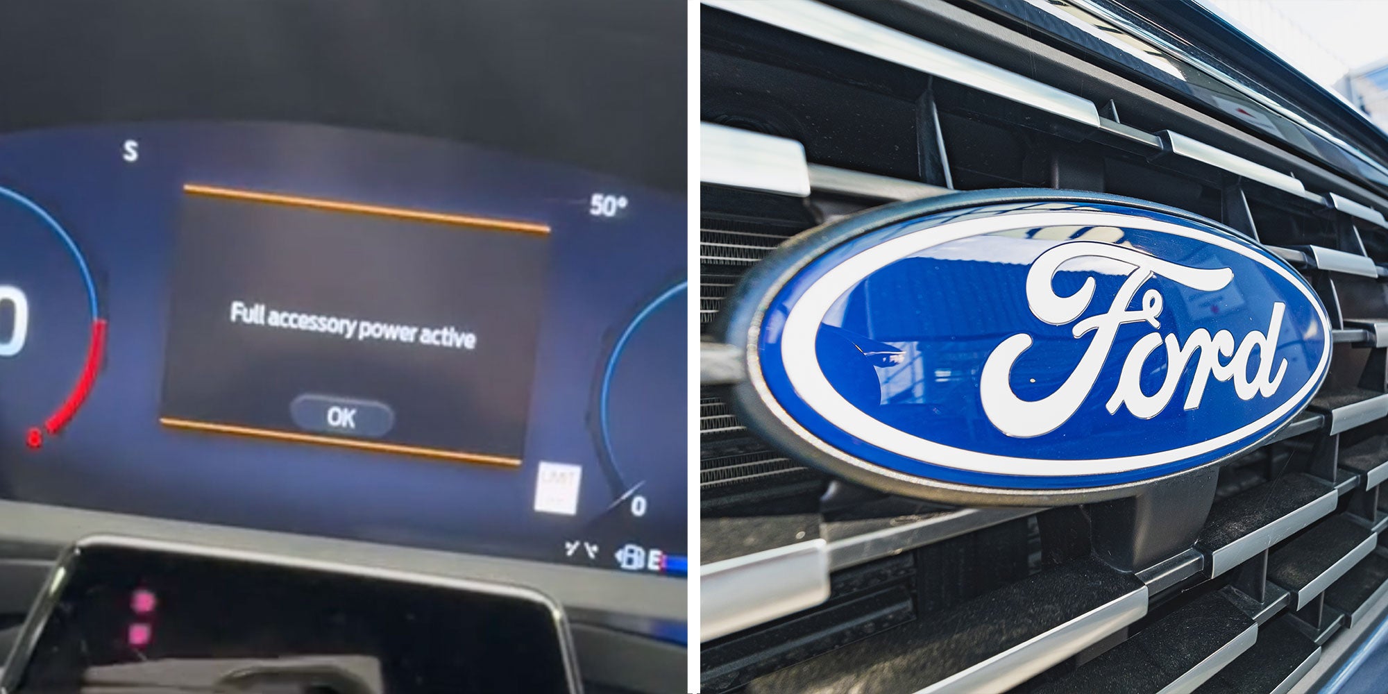 two panel design with a close up of a car dash board with text reading 'Full Accessory power active', next to an image of a Ford sign