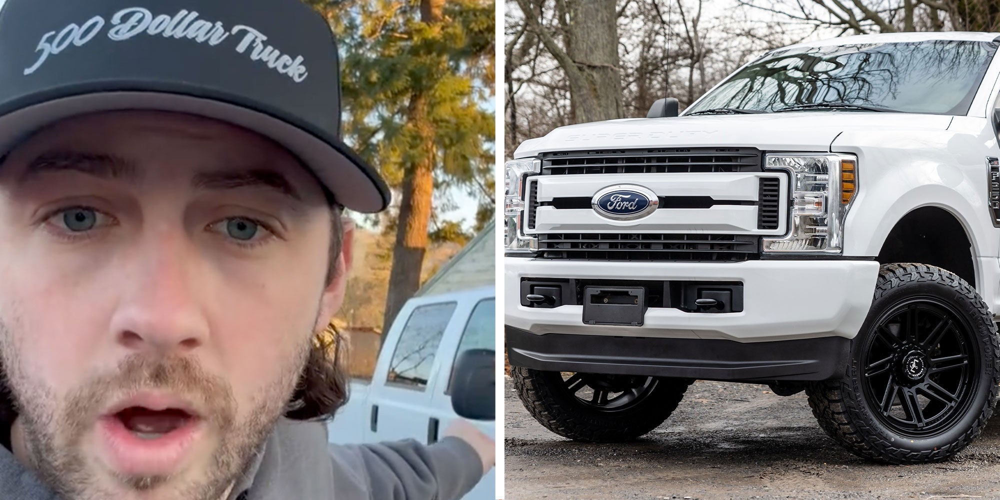 Two panel design with a man looking shocked and at the camera, next to an image of a Ford Truck