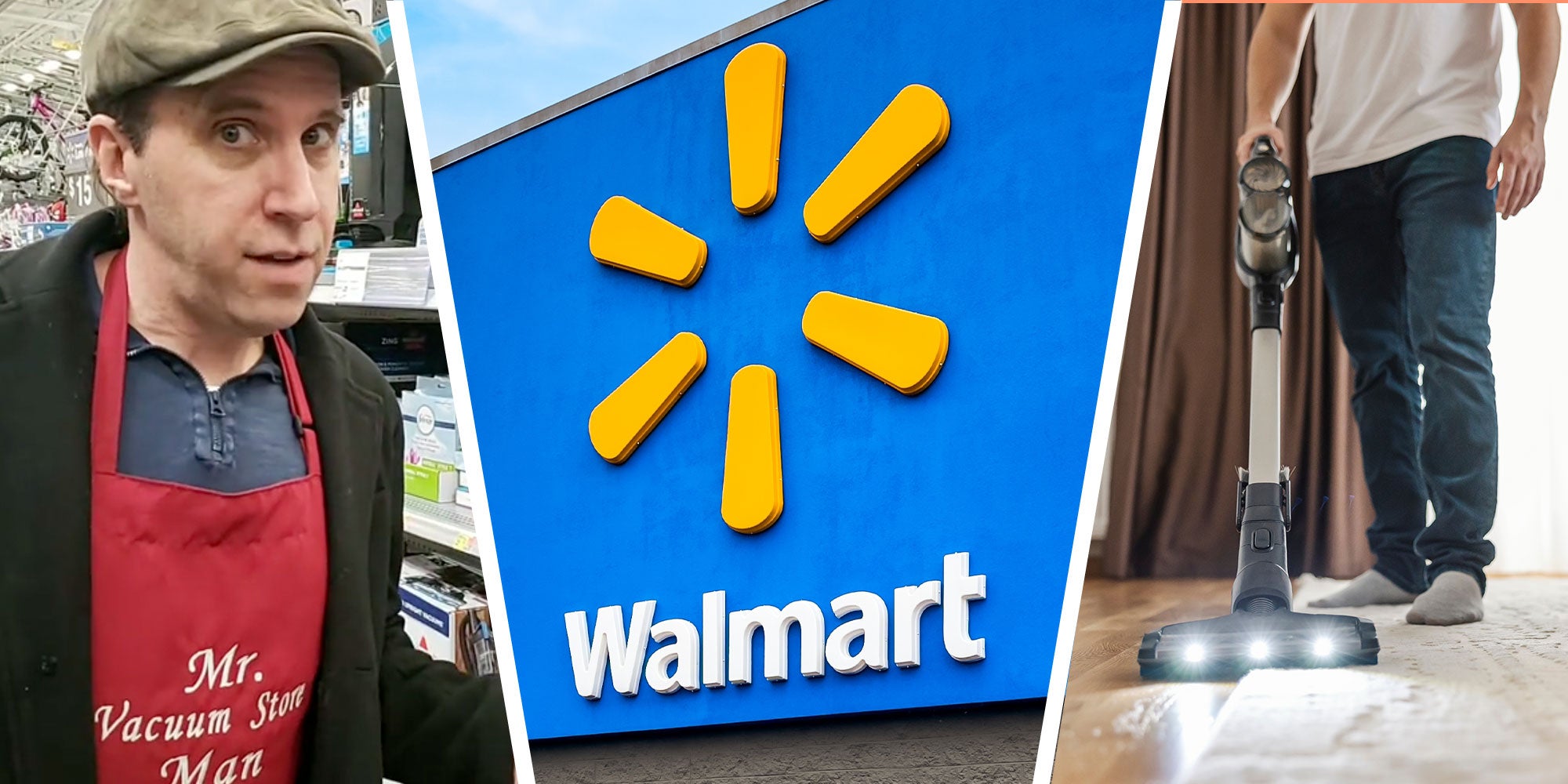 Three panel design with a man looking at the camera from inside a walmart while wearing an apron with 'Mr Vacuum Store Man' on it, next to an image of a Walmart, next to an image of a man vacuuming