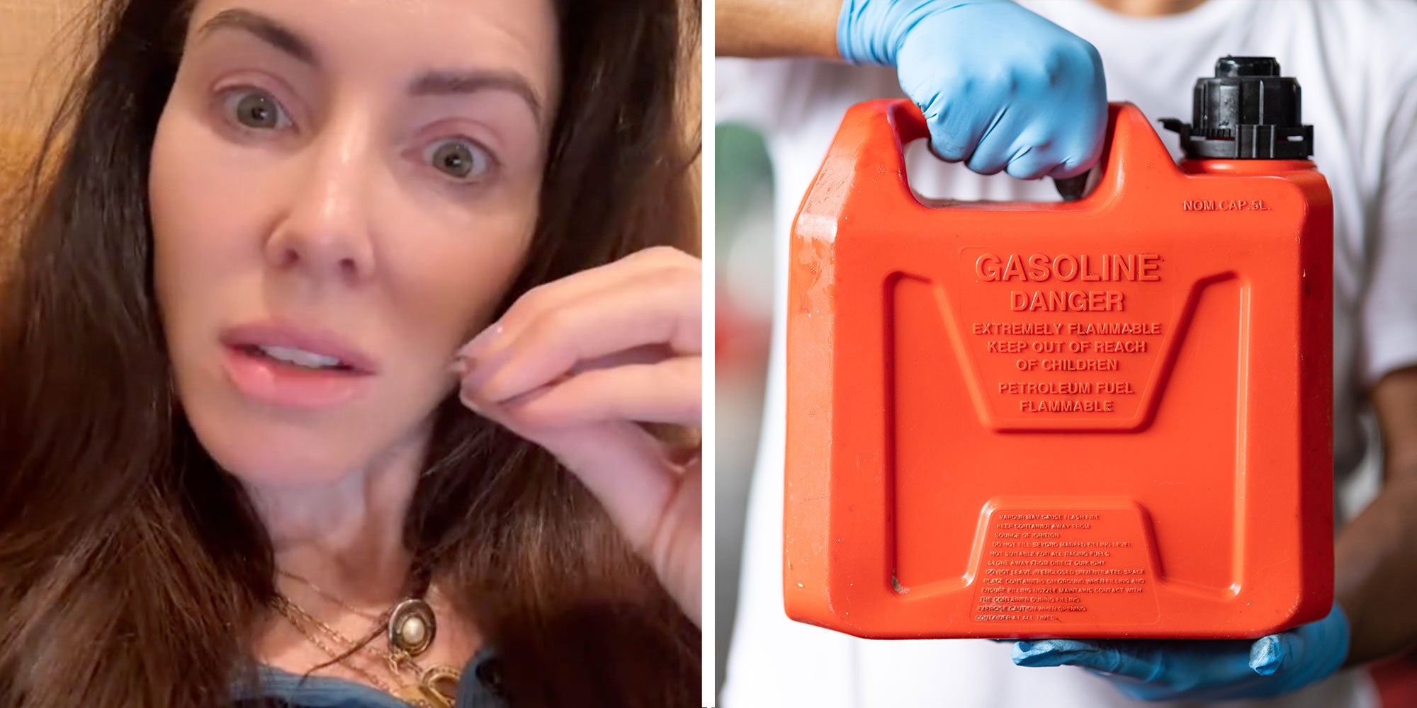 Two panel design with a woman looking scared and frustrated at the camera, next to an image of a can of gasoline