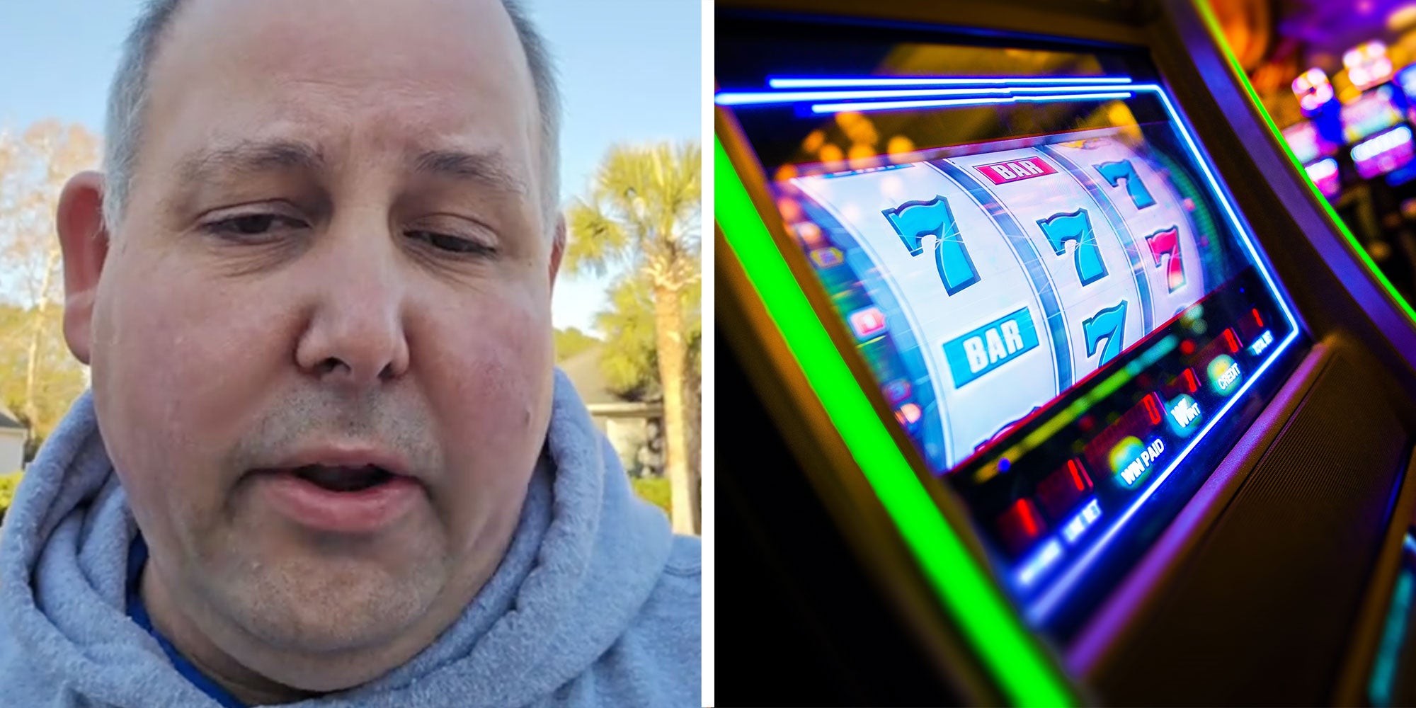 Two panel design with a man looking and talking at the camera, next to an image of a slot machine