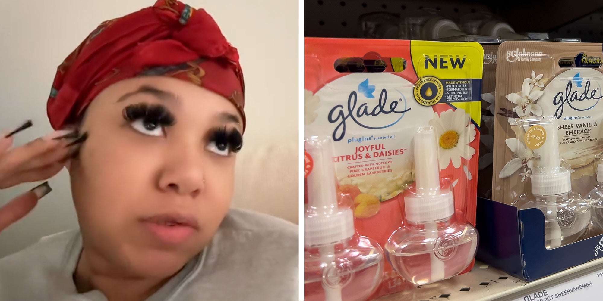 Two panel design with a woman looking odd to the side, next to an image of a shelf with Glade Plugin products