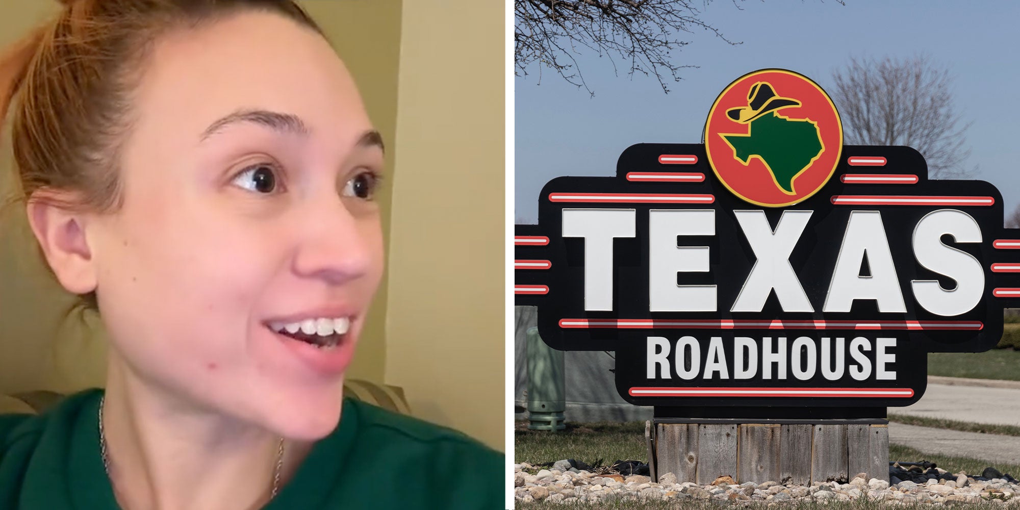 Two panel design with a woman looking to the side, next to an image of a Texas Roadhouse sign