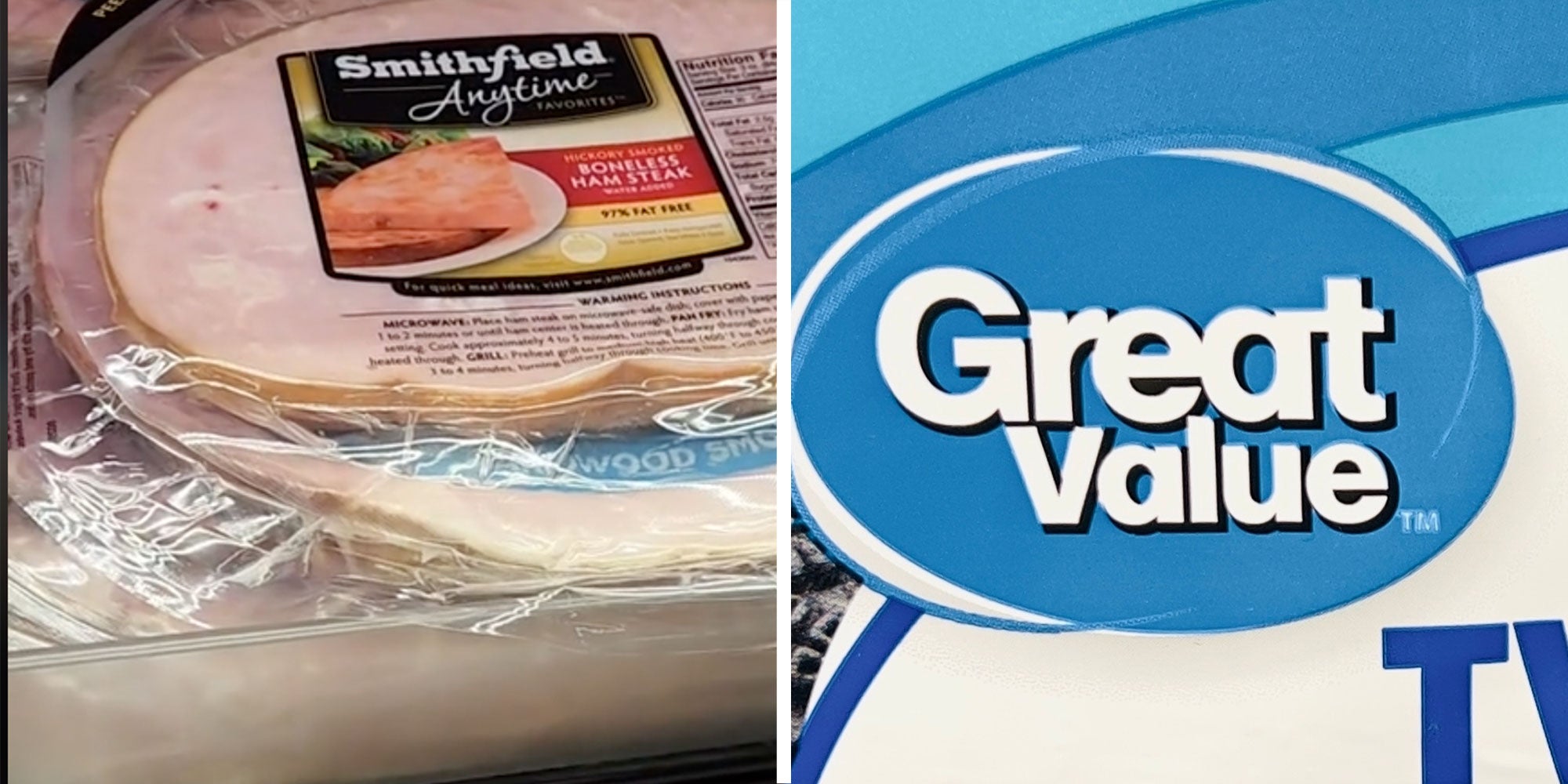 Two panel design with a shot of packaged ham from a Walmart, next to an image of the 'Great Value' logo.