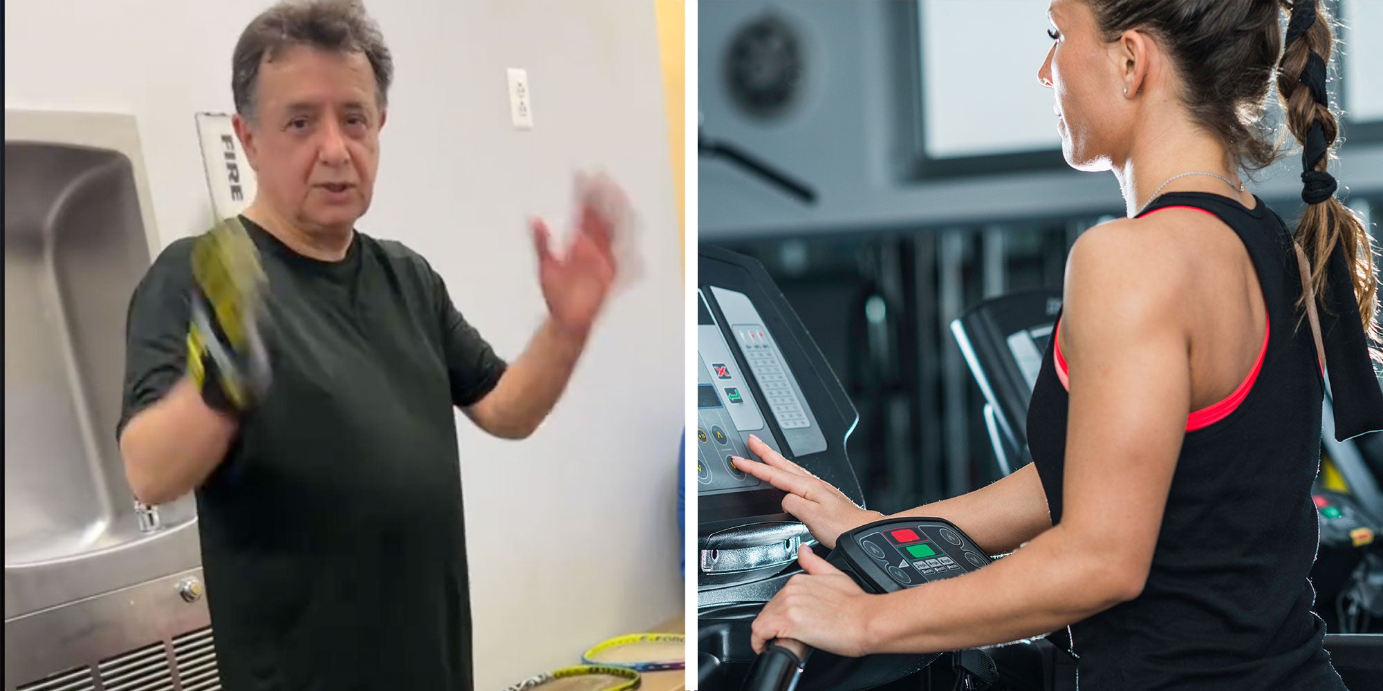 Two panel design with a man looking at someone who is holding up a camera while he is in a gym, next to an image of a woman working out at a gym