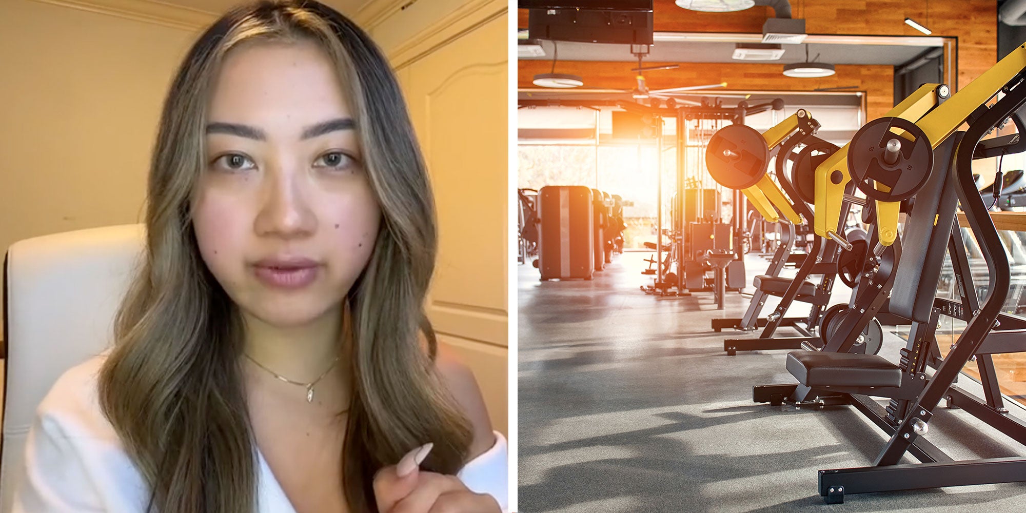 Two panel design with a woman looking at the camera, next to an image of a gym