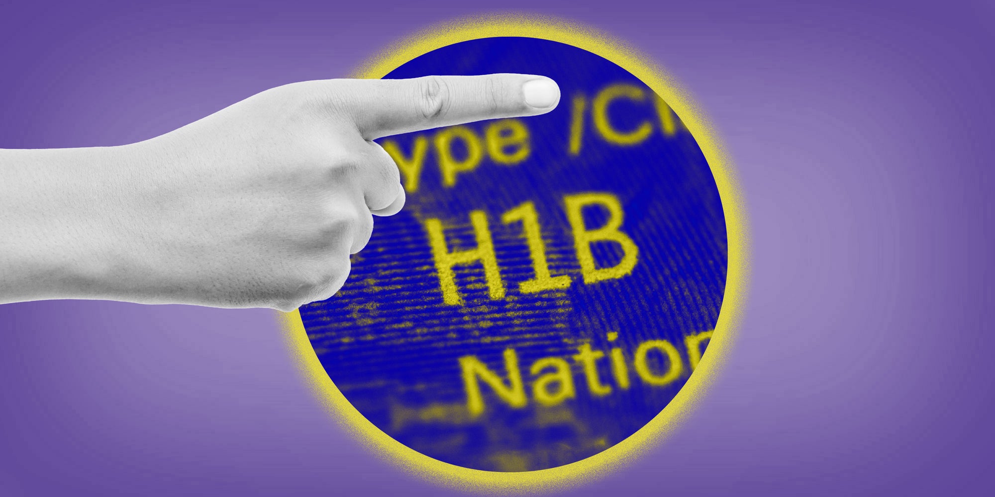 Photo collage of finger pointing to go away, in front of the H1-B visa.