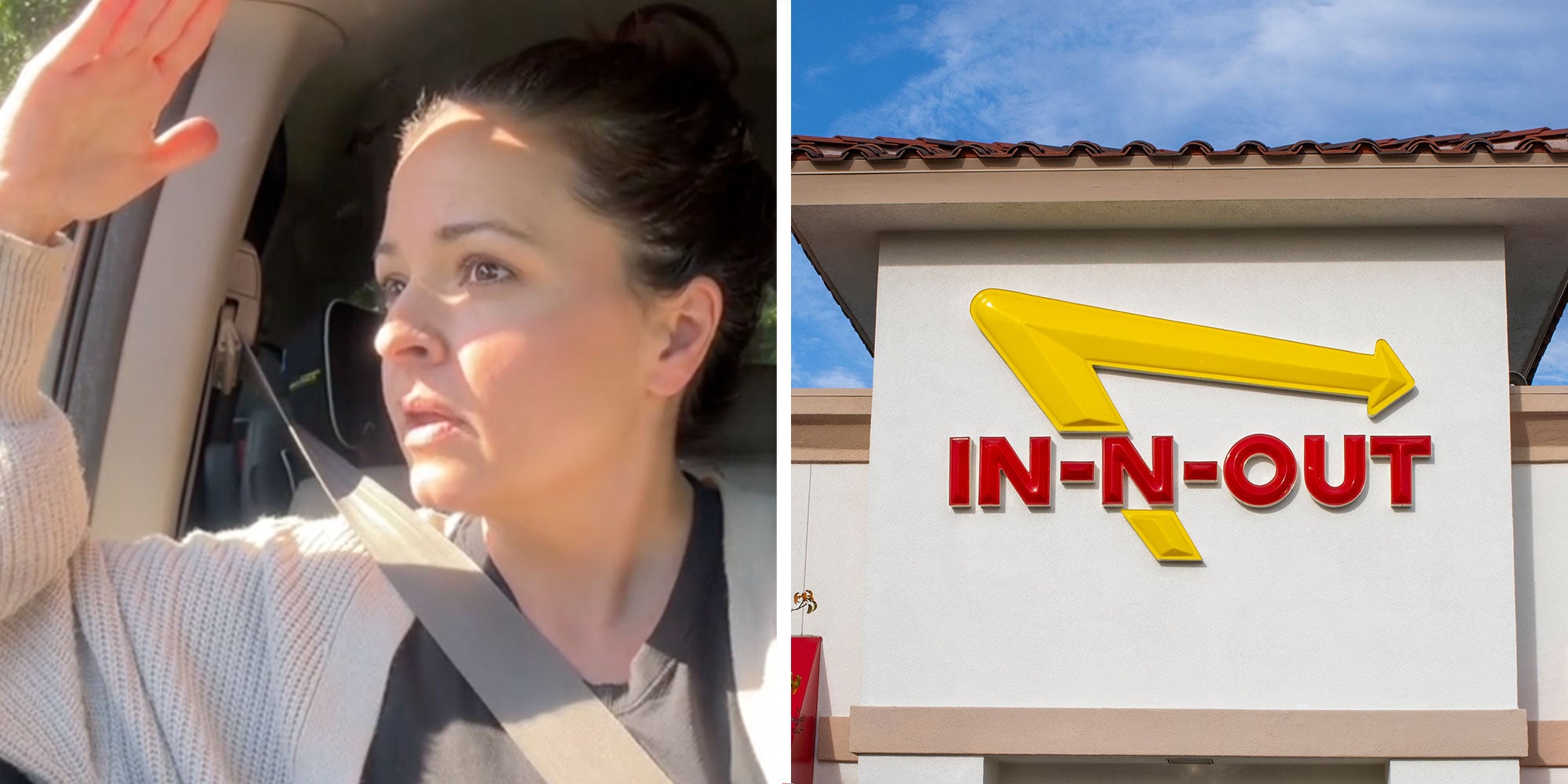 Two panel design with a woman looking out her window as she orders next to an image or an In-N-Out location