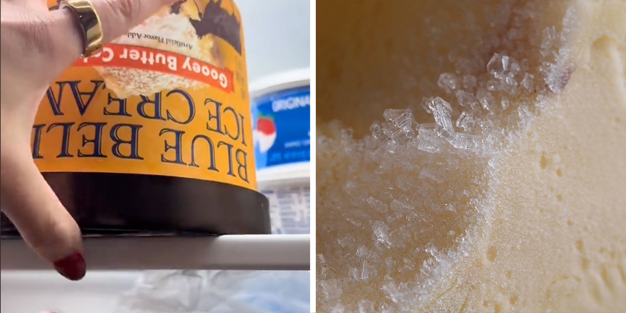Two panel design with a person grabbing ice cream out of a freezer next to an image of ice cream with freezer burn.