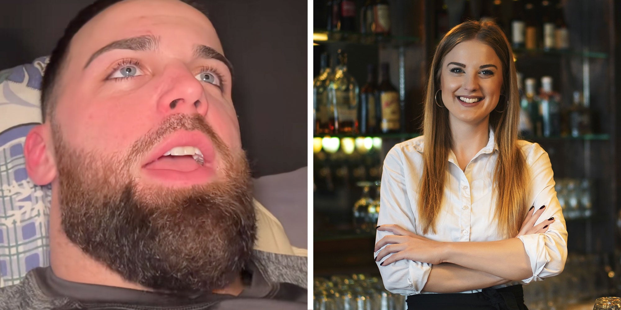 Two panel design with a man talking at the camera from his bed, next to an image of a bartener