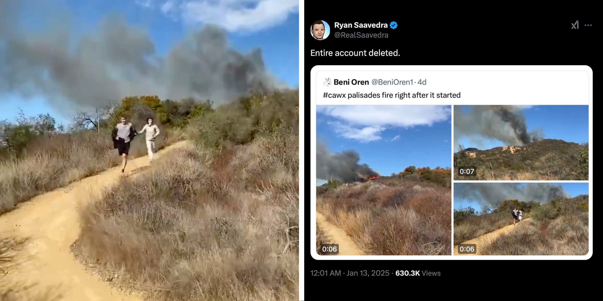 People running downhill from smoke(l), Tweet that says 'entire account deleted' and shows screenshot from same video of the hill slowly catching fire'(r)