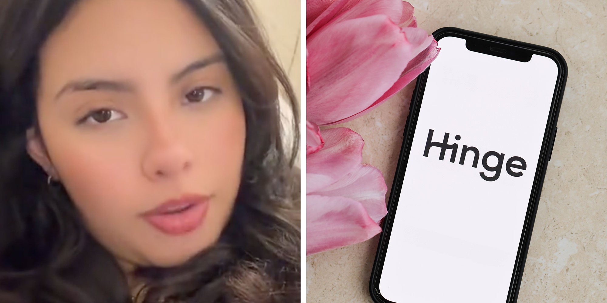two panel design with a woman looking at the camera as she speaks about her experience, next to an image of a Hinge logo on an Iphone