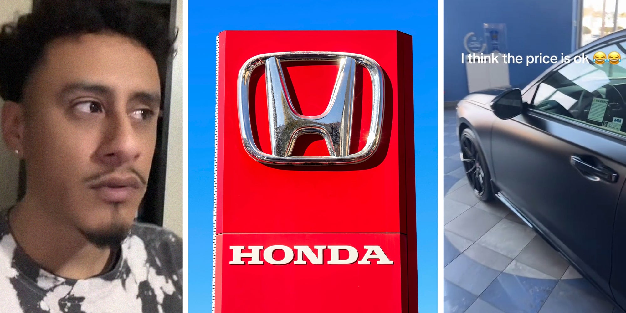 man sharing price of new vehicle(l) Honda Dealer Sign(c) Black Honda(r)