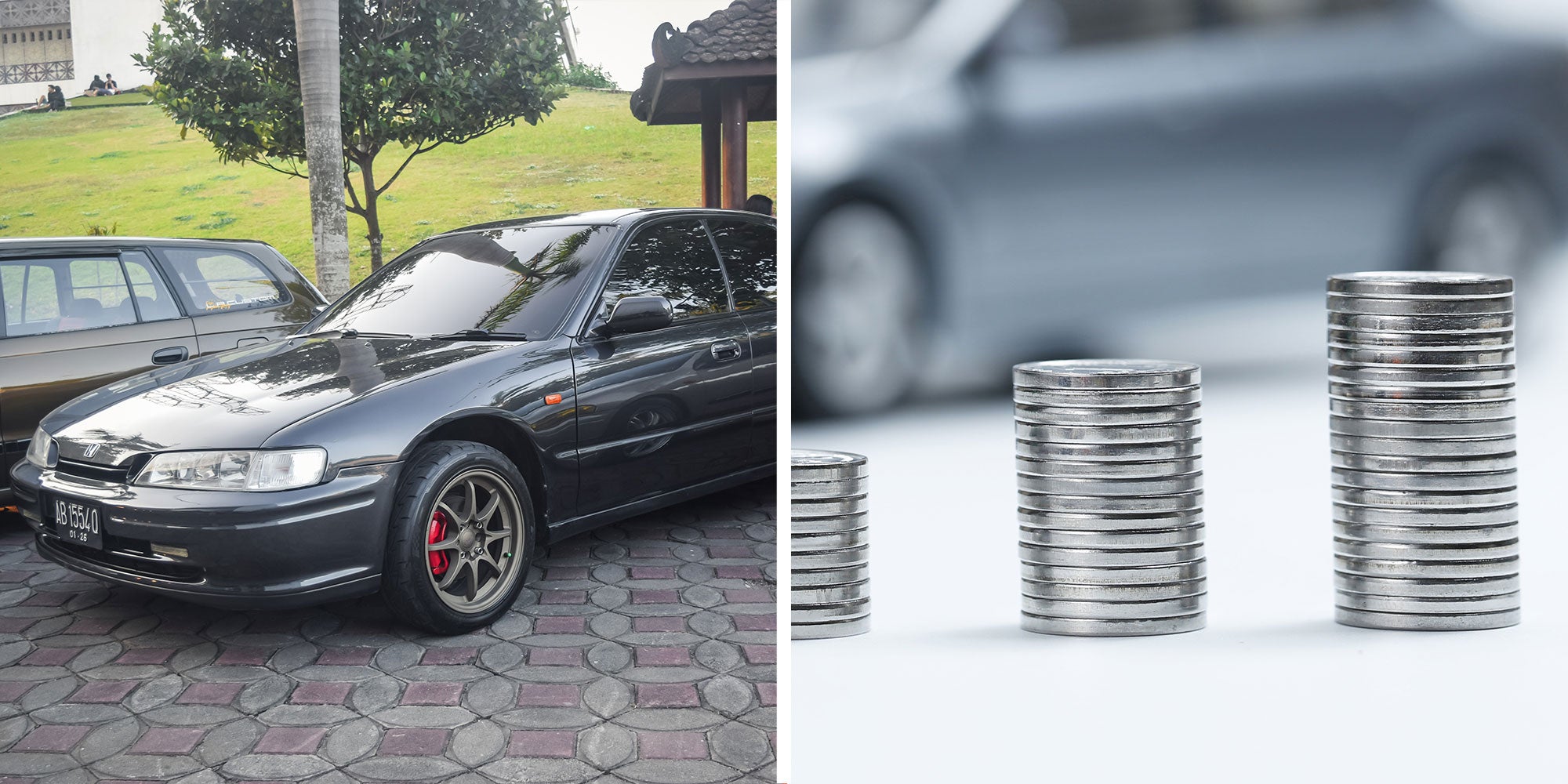 Two panel design with an old Honda accord in one, next to an image of stacked coins