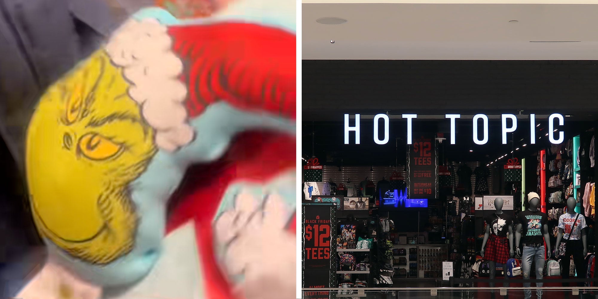Two panel design with a close up of a product of a Grinch, next to an image of a Hot Topic Sign