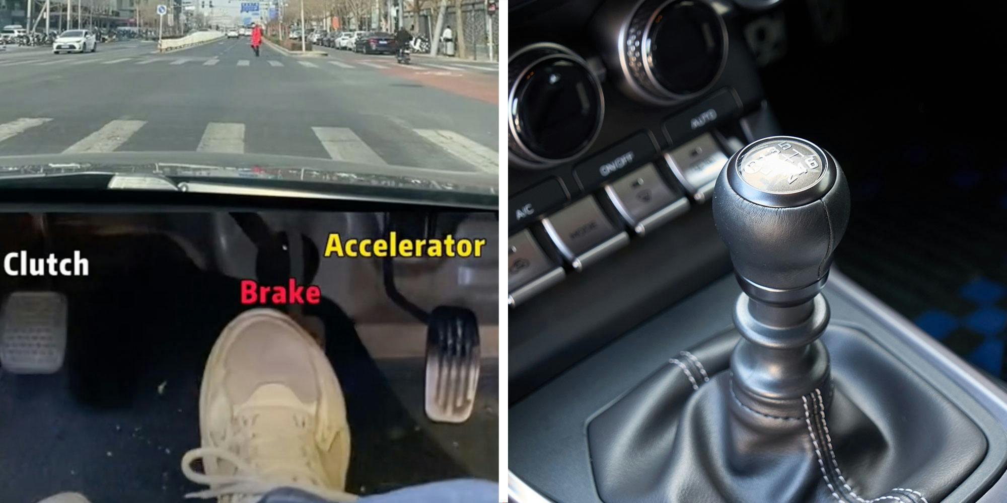 Two panel design with a person driving with labels over the Clutch, Brake, and Accelerator, next to an image of a Stick shift for a manual car