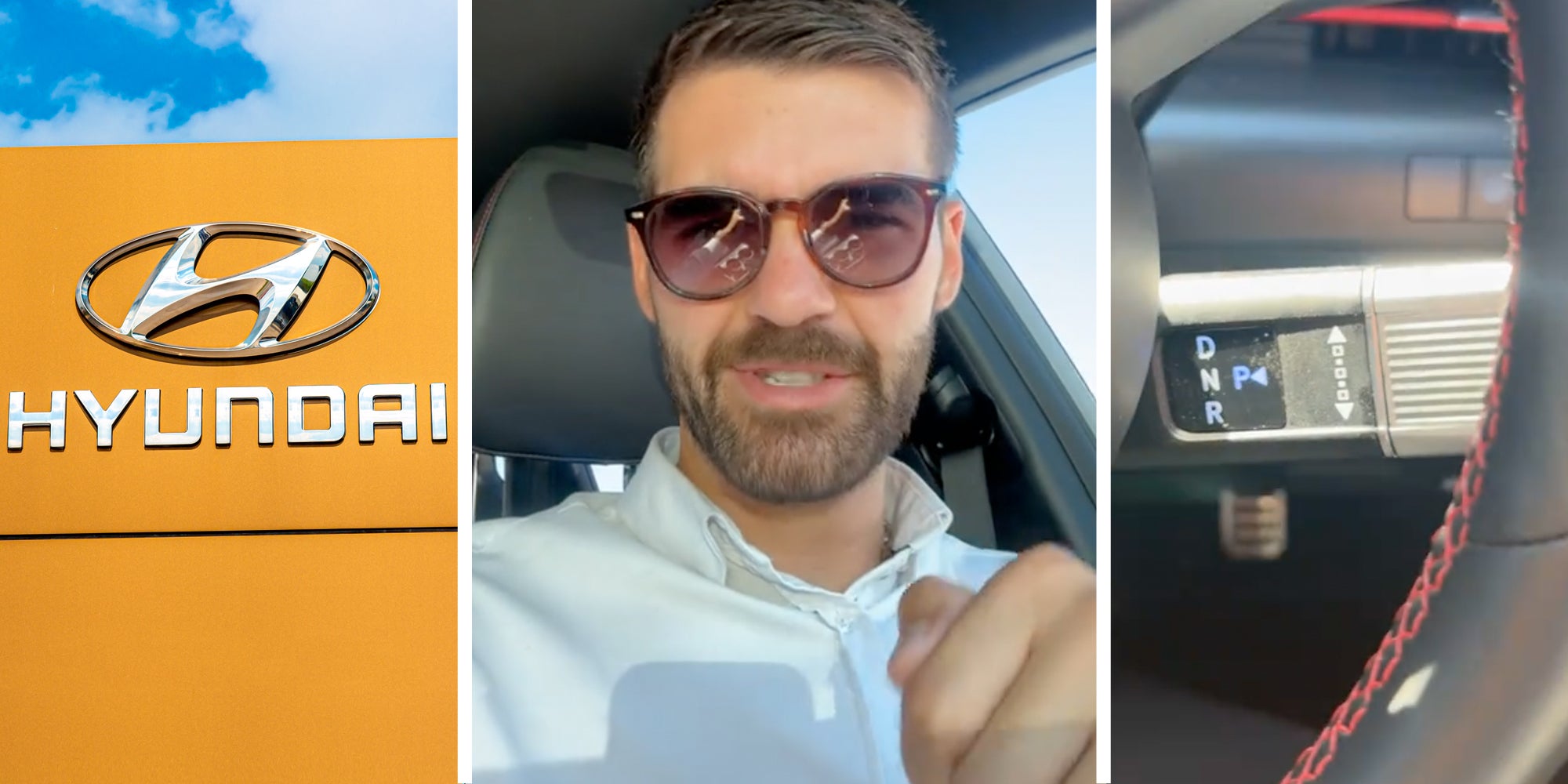 Hyundai sign(l), Man talking(c), Gearshifter(r)