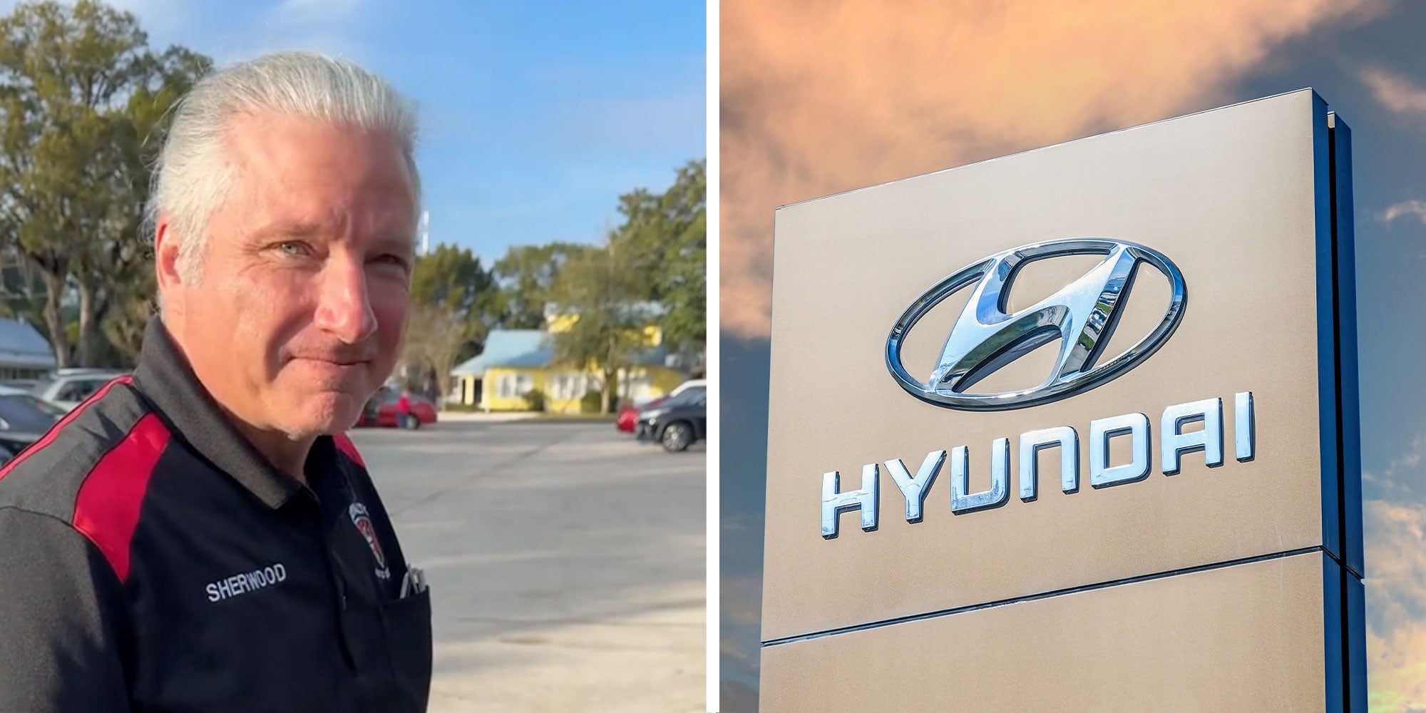 two panel design with a man looking at the camera while standing in a parking lot, next to an image on a Hyundai sign