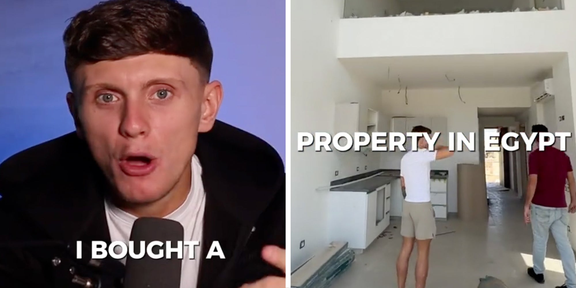Man talking with text 'i bought a'(l), People inside home under construction with text 'property in egypt'(r)