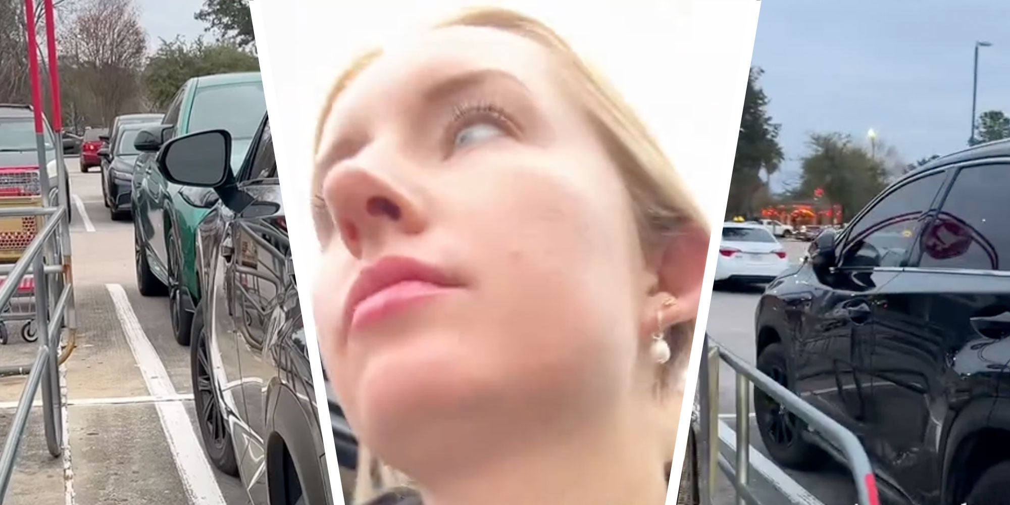 three panel design with a shot of a car parked net to the shopping carts, next to an image of the woman who parked there, next to an image of another angle of her car parked by the shopping carts