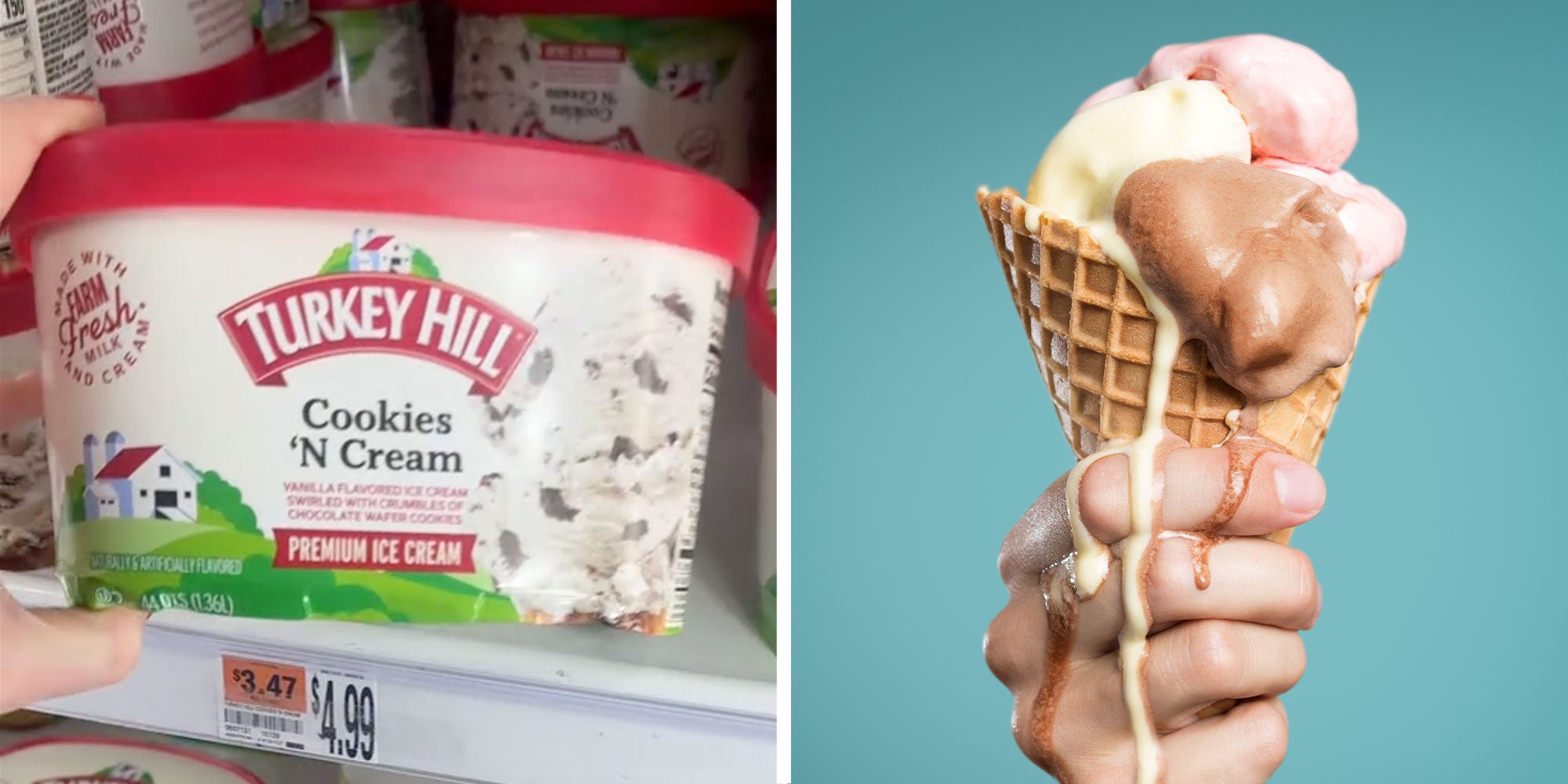Two panel design with a shot of someone grabbing ice cream out of the freezer section at a grocery store next to an image