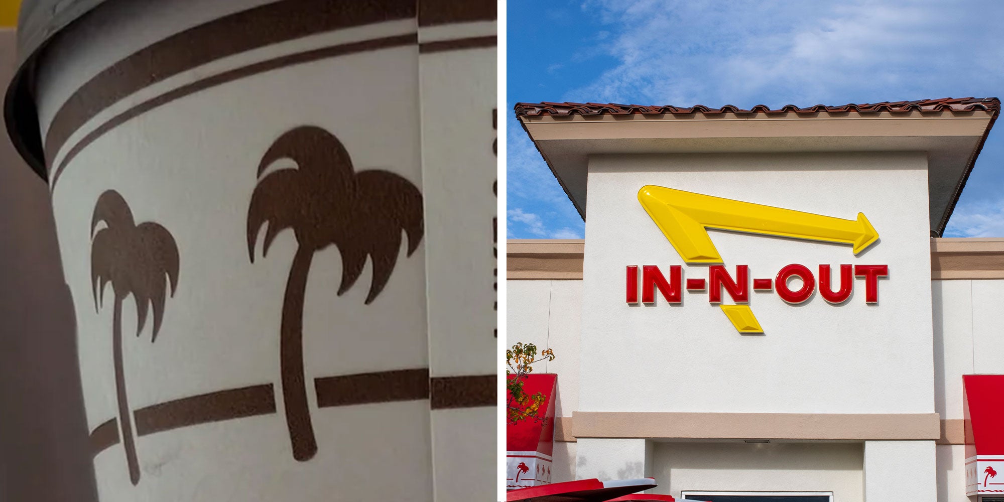 Two panel design with a close up of a coffee cup from In-N-Out, next to an image of In-N-Out