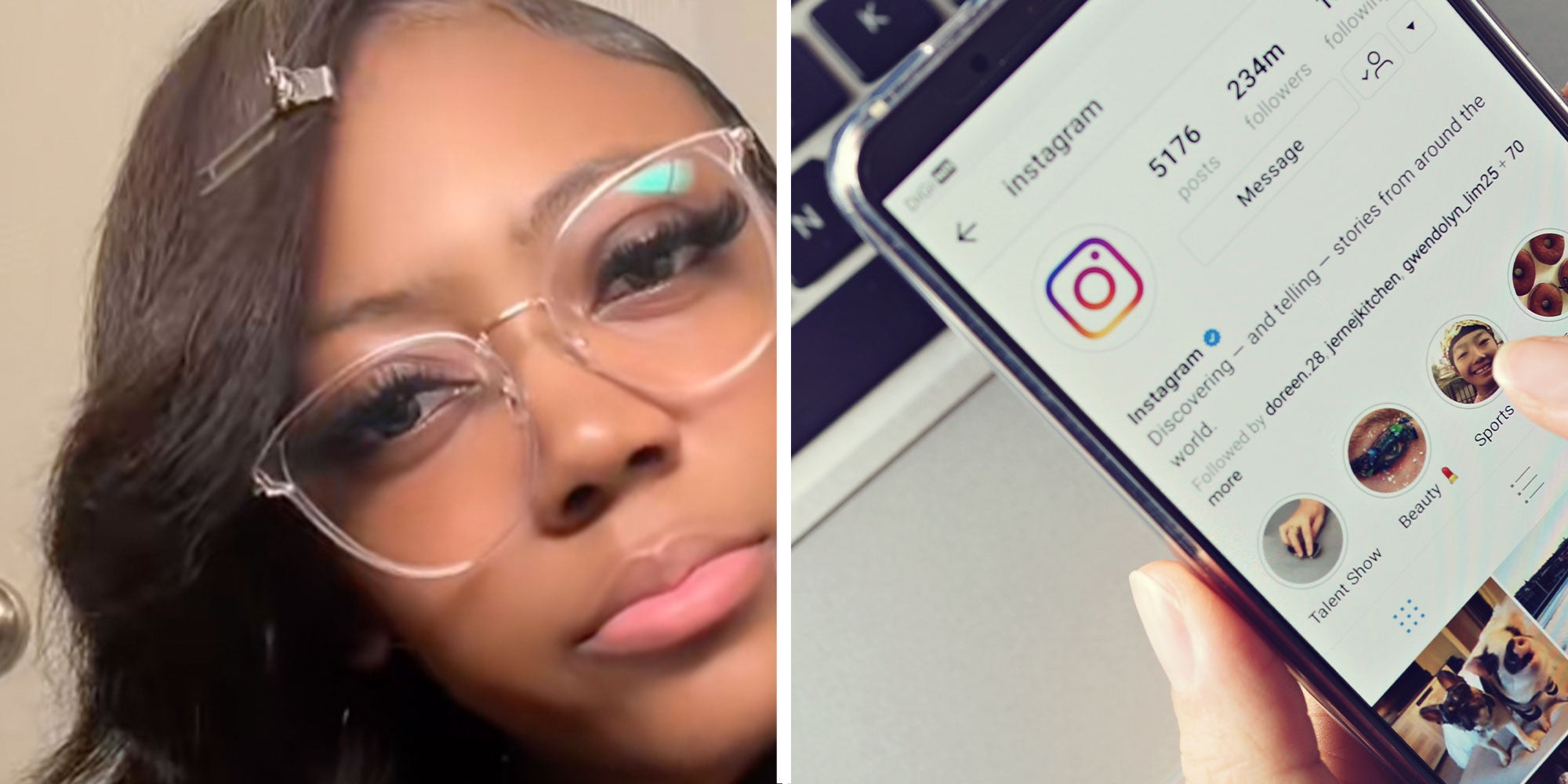 Two panel design with a woman looking at the camera, next to an image of a person using instagram on their phone