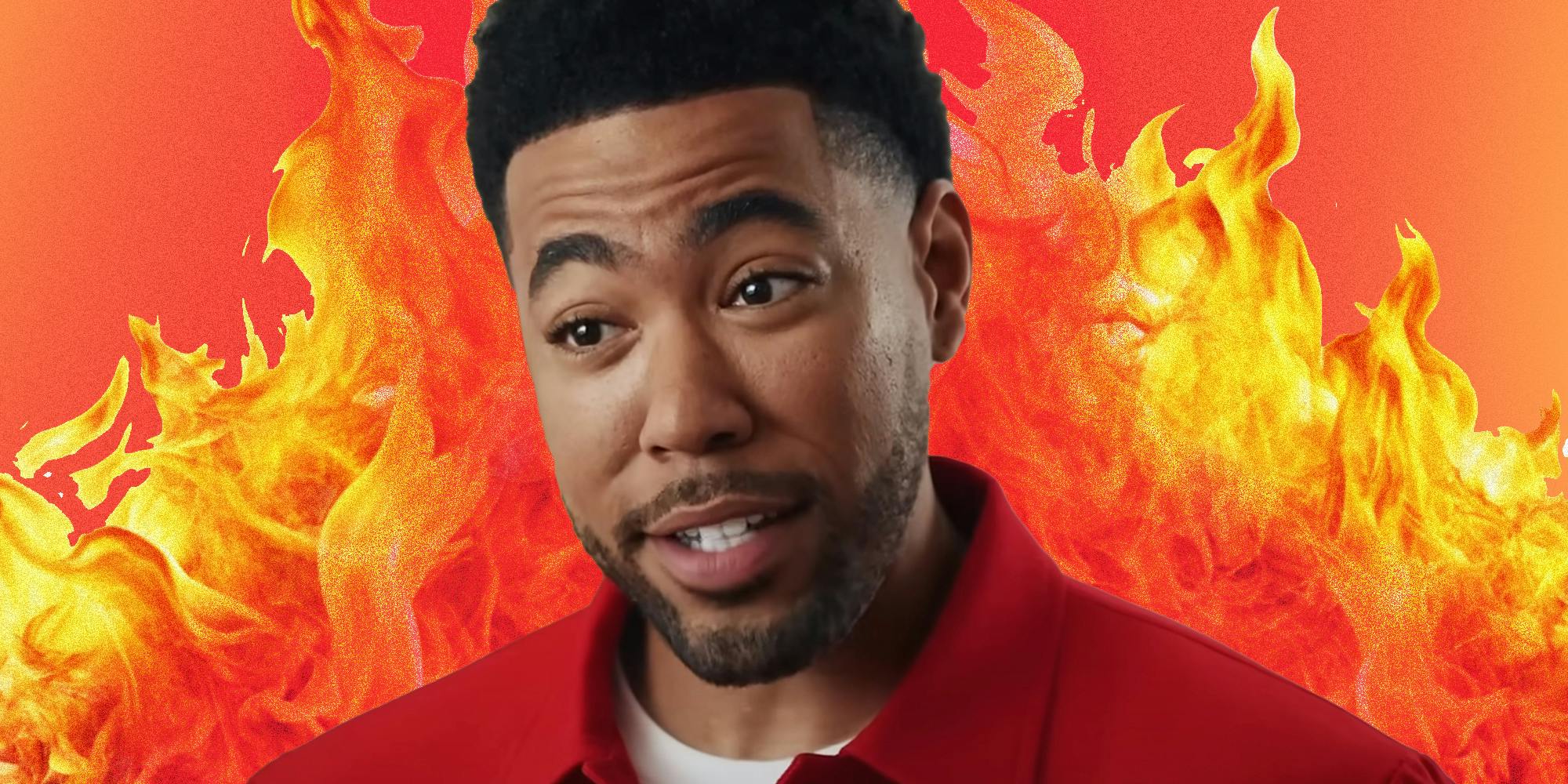 Jake from state farm in front of flames