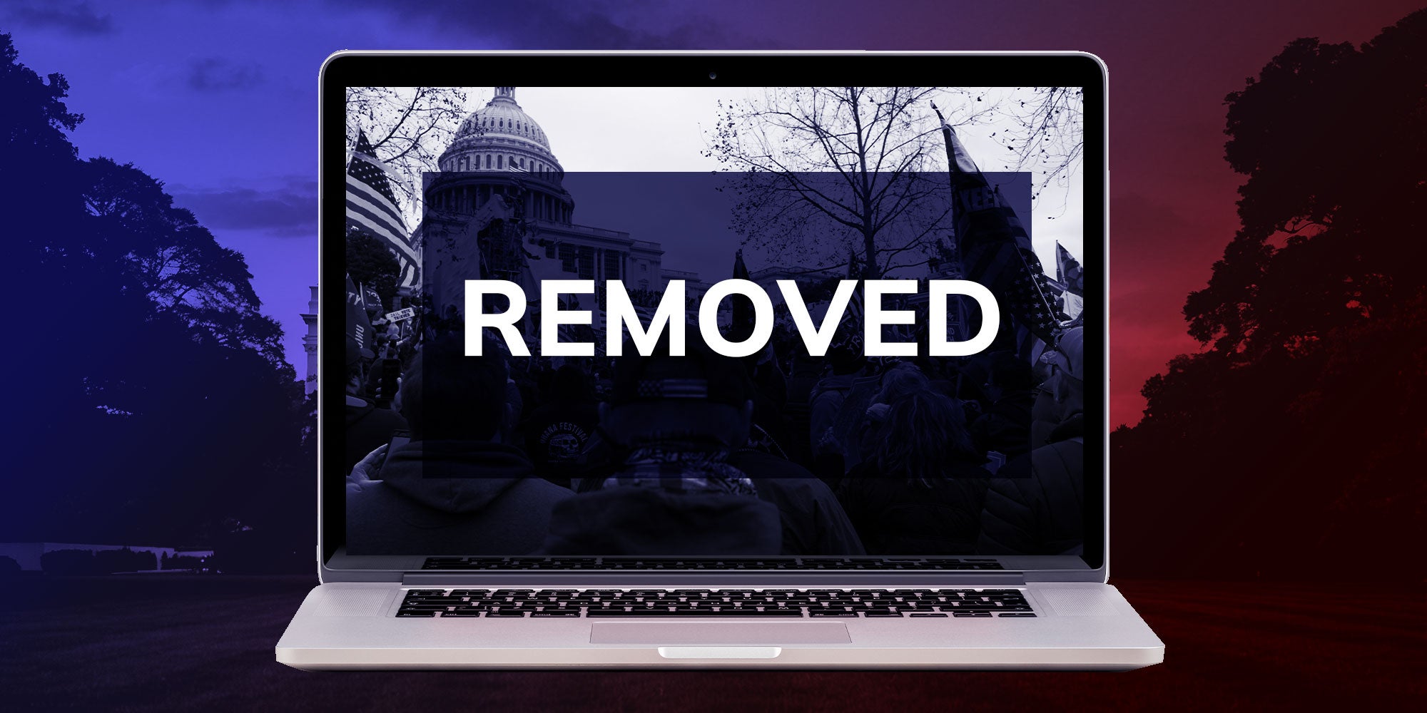 design with a computer with the words 'Removed' on the screen, over a red and blue backdrop of the White House lawn