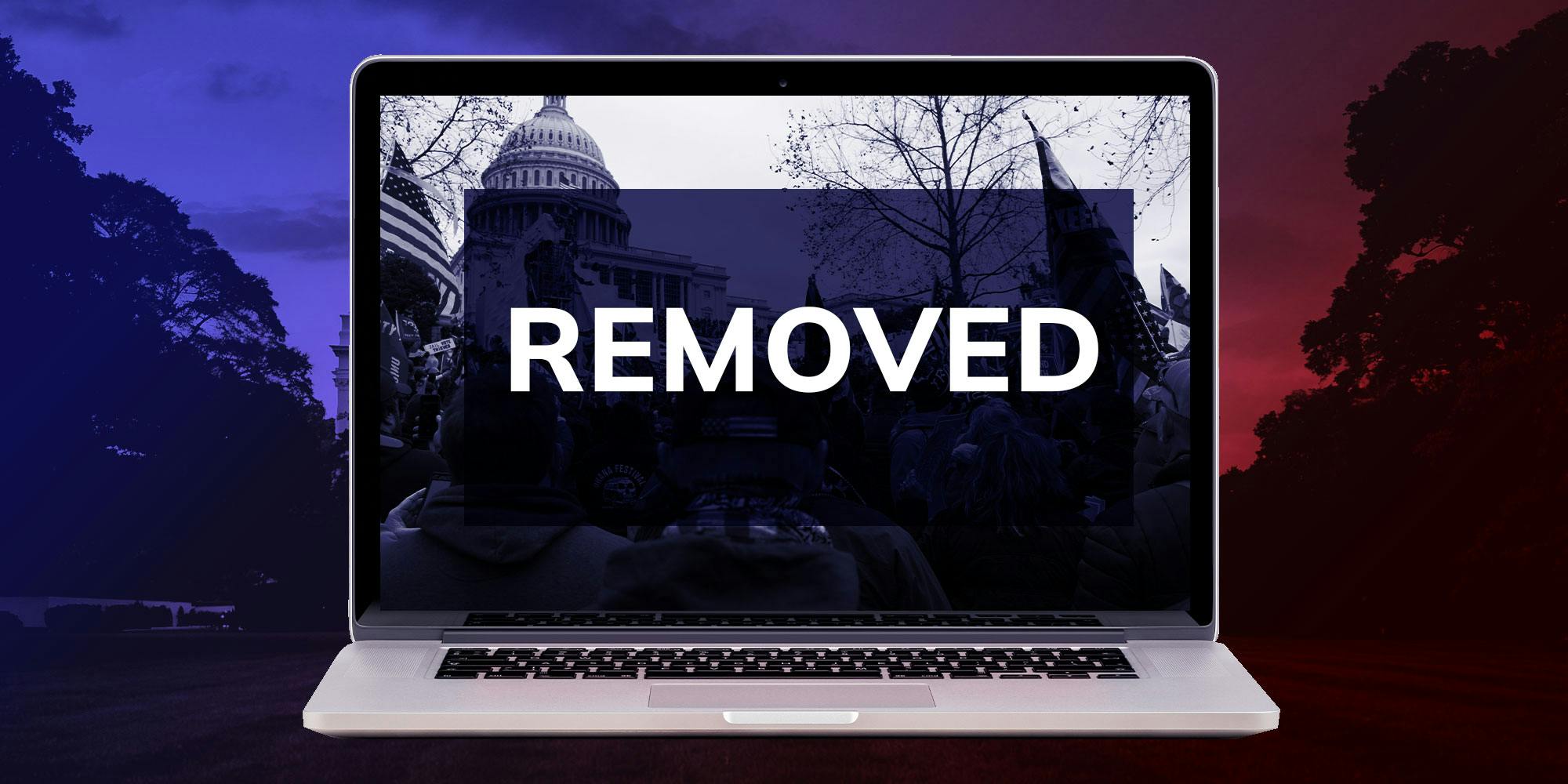 design with a computer with the words "Removed" on the screen, over a red and blue backdrop of the White House lawn