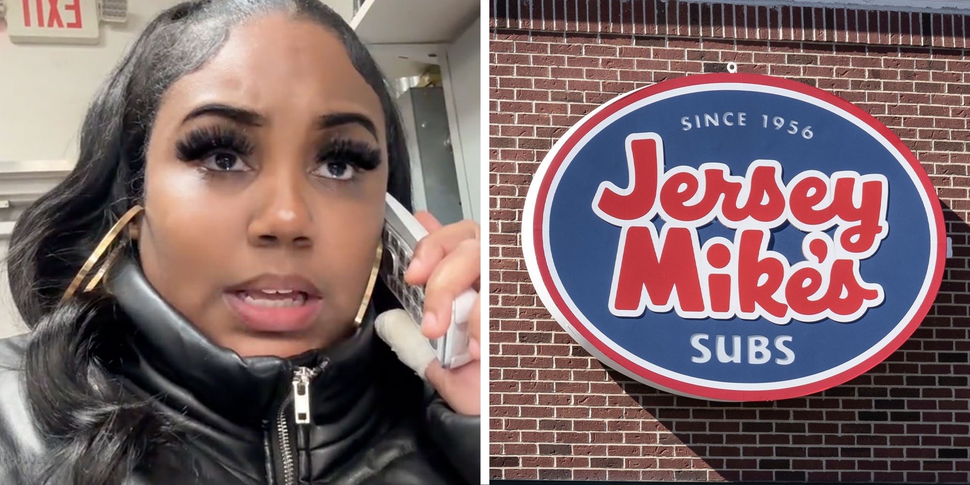 Two panel design with a person on a phone, next to an image of a Jersey Mikes