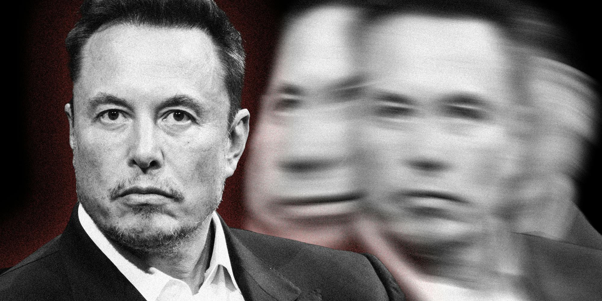 Elon Musk and versions of his face distorted behind him