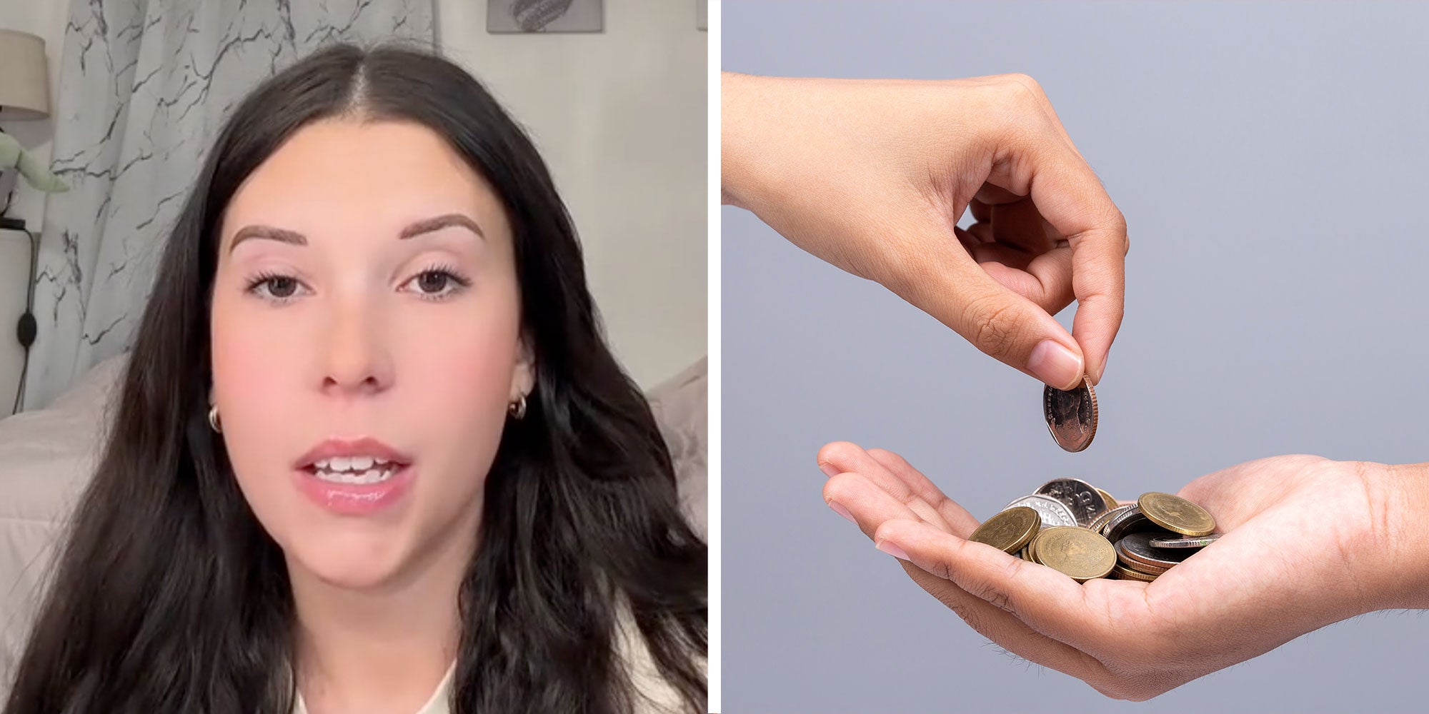 Two panel design with a woman looking and talking at the camera in one, next to an image of someone handing coins to some one else