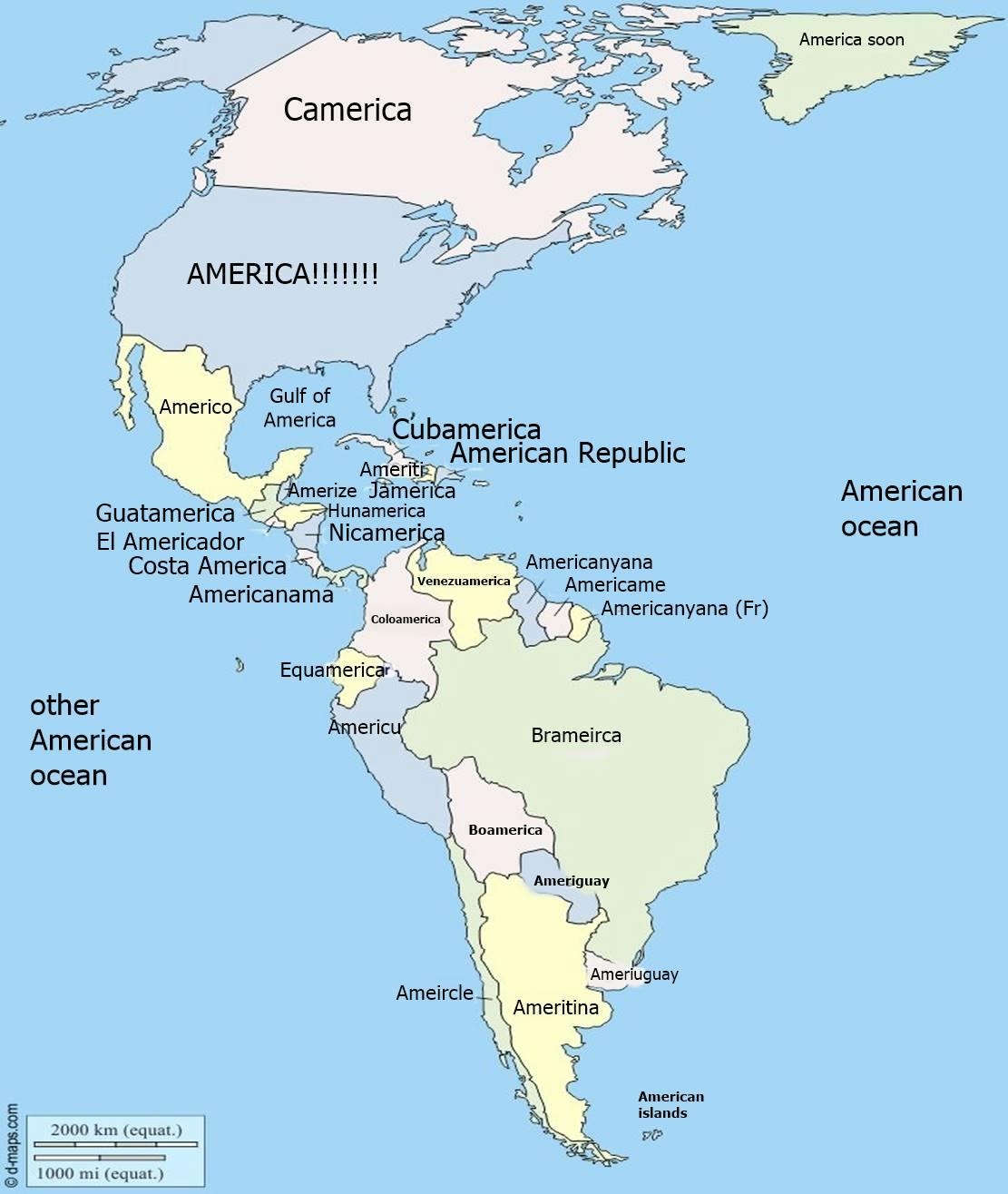 Gulf of America meme showing a map of the Americas with everything named after America.