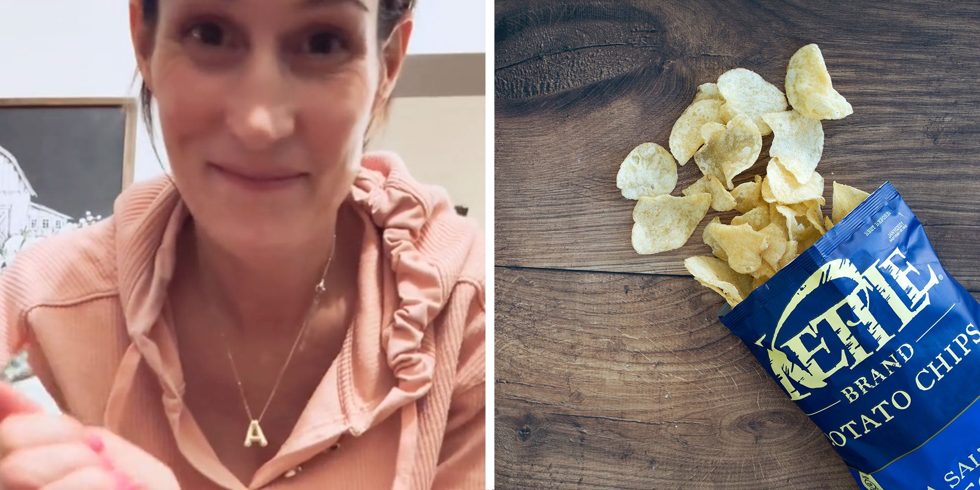 two panel design with a woman looking at the camera with an annoyed look, next to an image of Kettle Brand chips on a counter