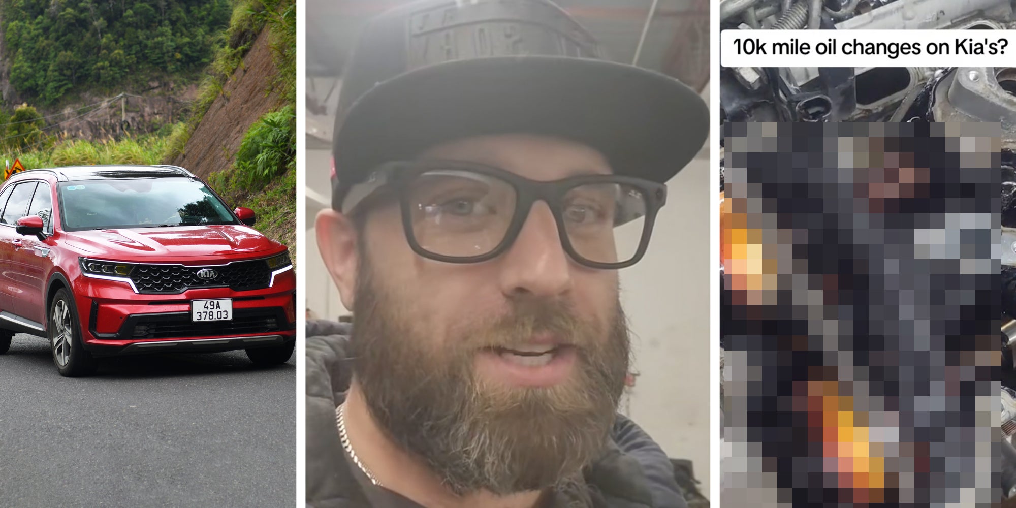 Kia Sorrento(l), Man talking(c), Blurred kia engine with text '10k mile oil changes on kia's?'(r)