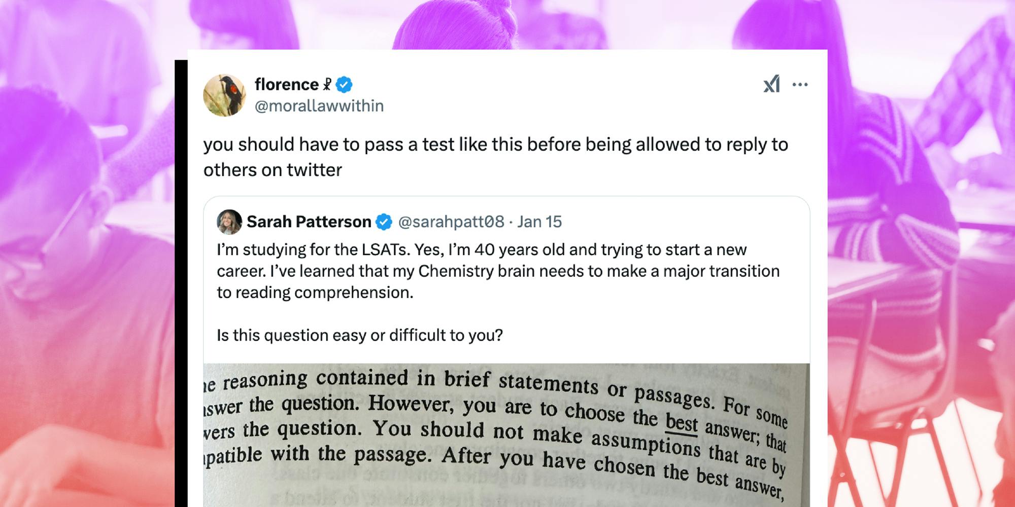 A screenshot of a tweet about the LSAT test. Students take a test in the background.