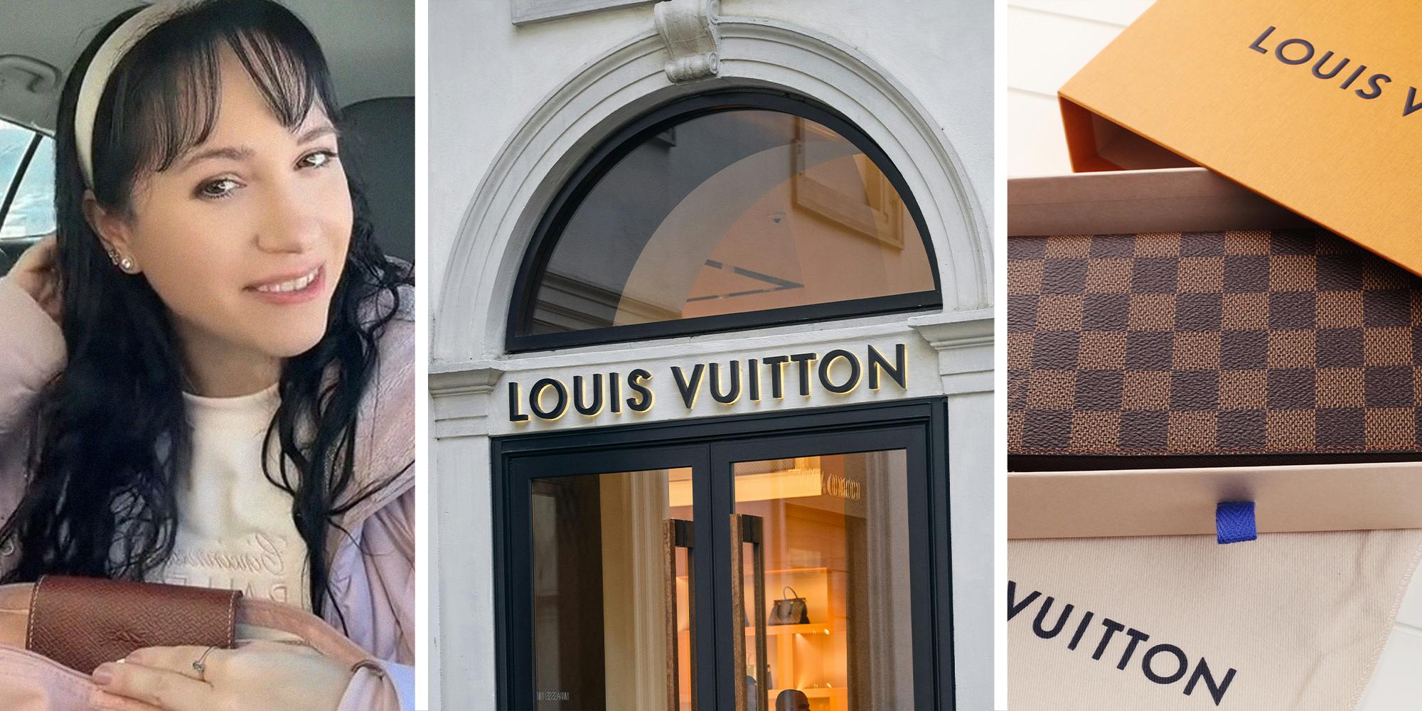 Woman shares story about LV purse(l) Louis Vuitton Store Logo(c) LV Purse(r)