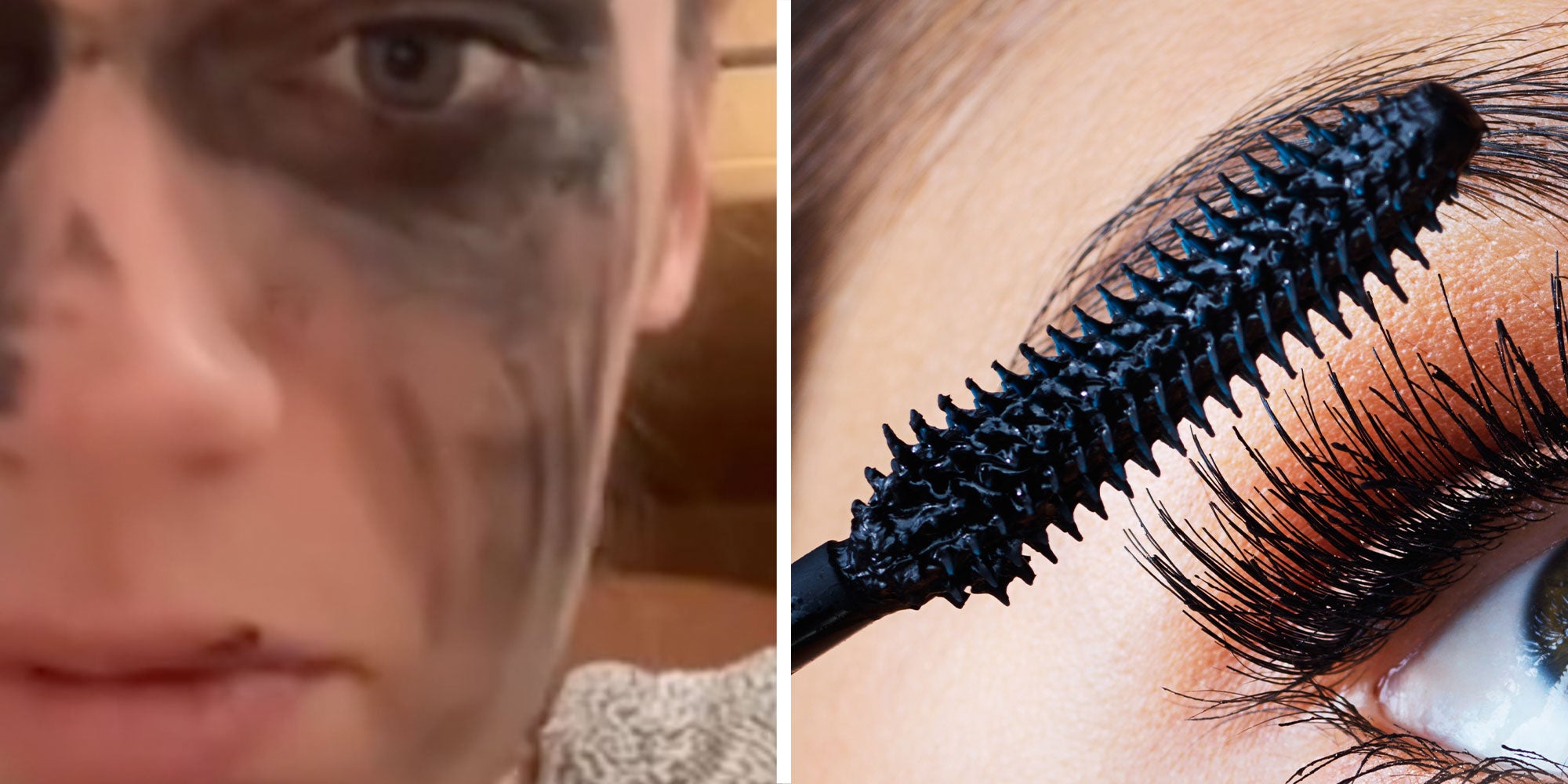 Two panel design with a close up of a woman with make up smeared on her eyes, next to an image of mascara being applied to eyelashes