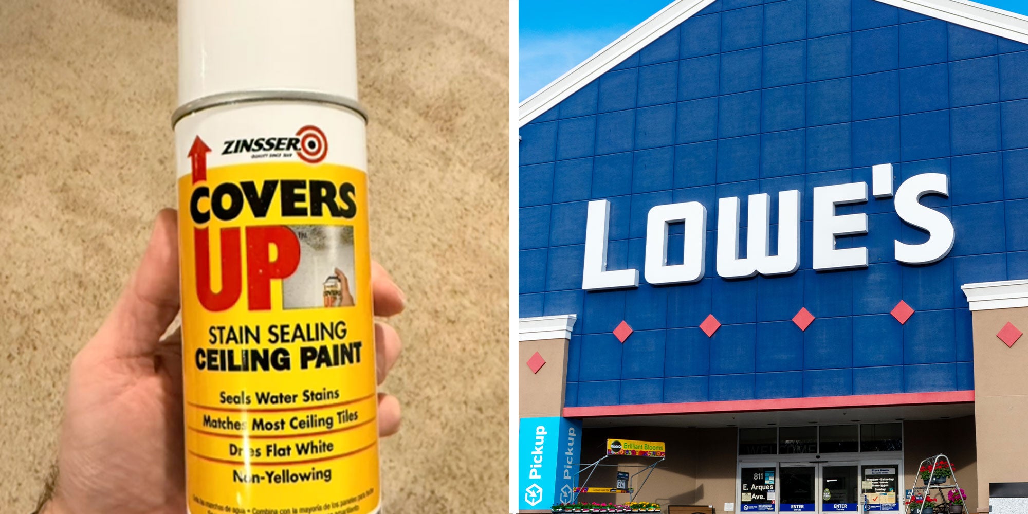 Two panel design with a person holding a spray can in one, next to an image of a Lowe's.