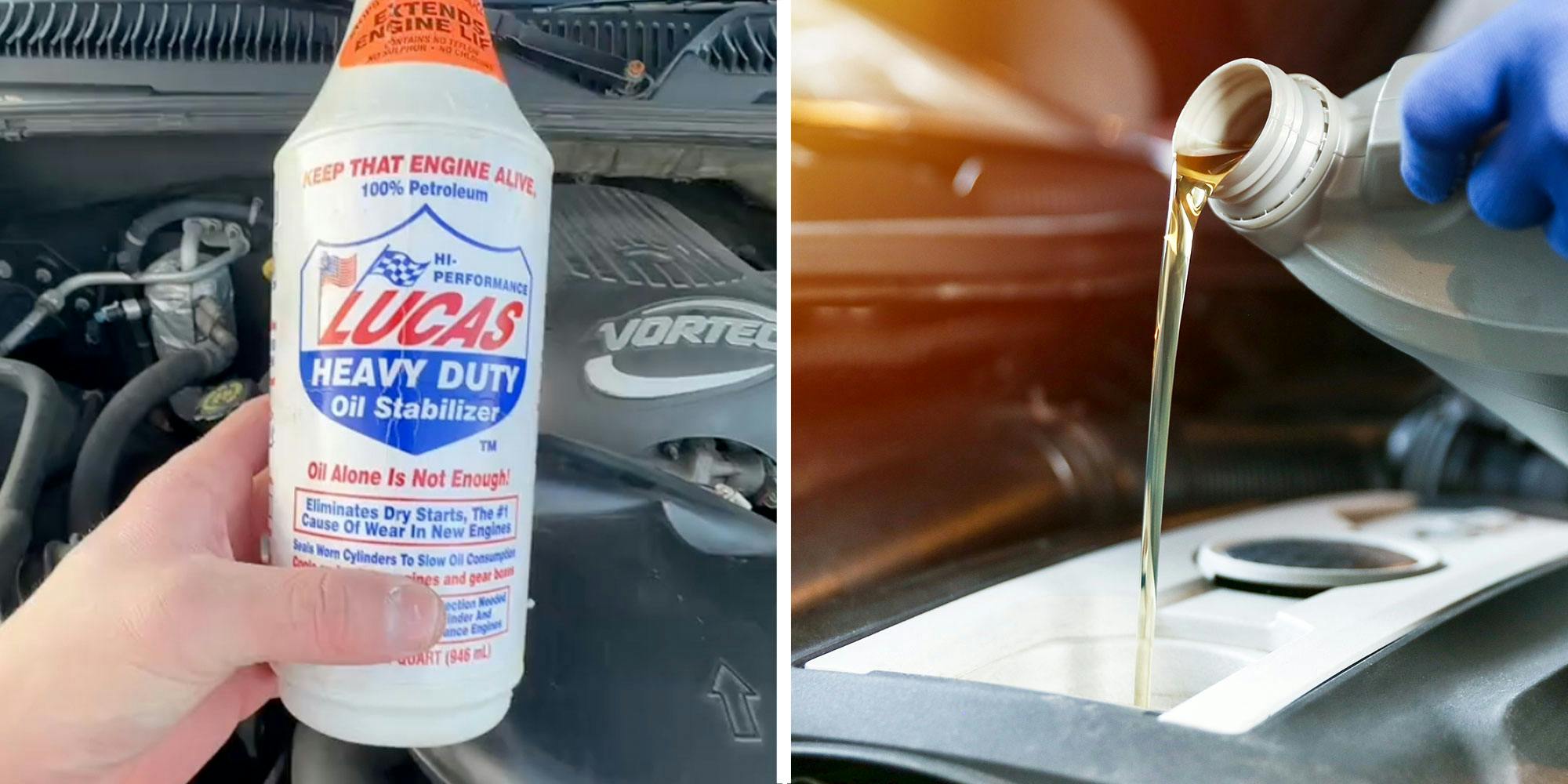 Two panel design with a person holding a bottle of Lucas Oil stabilizer, next to an image of oil being poured into a car